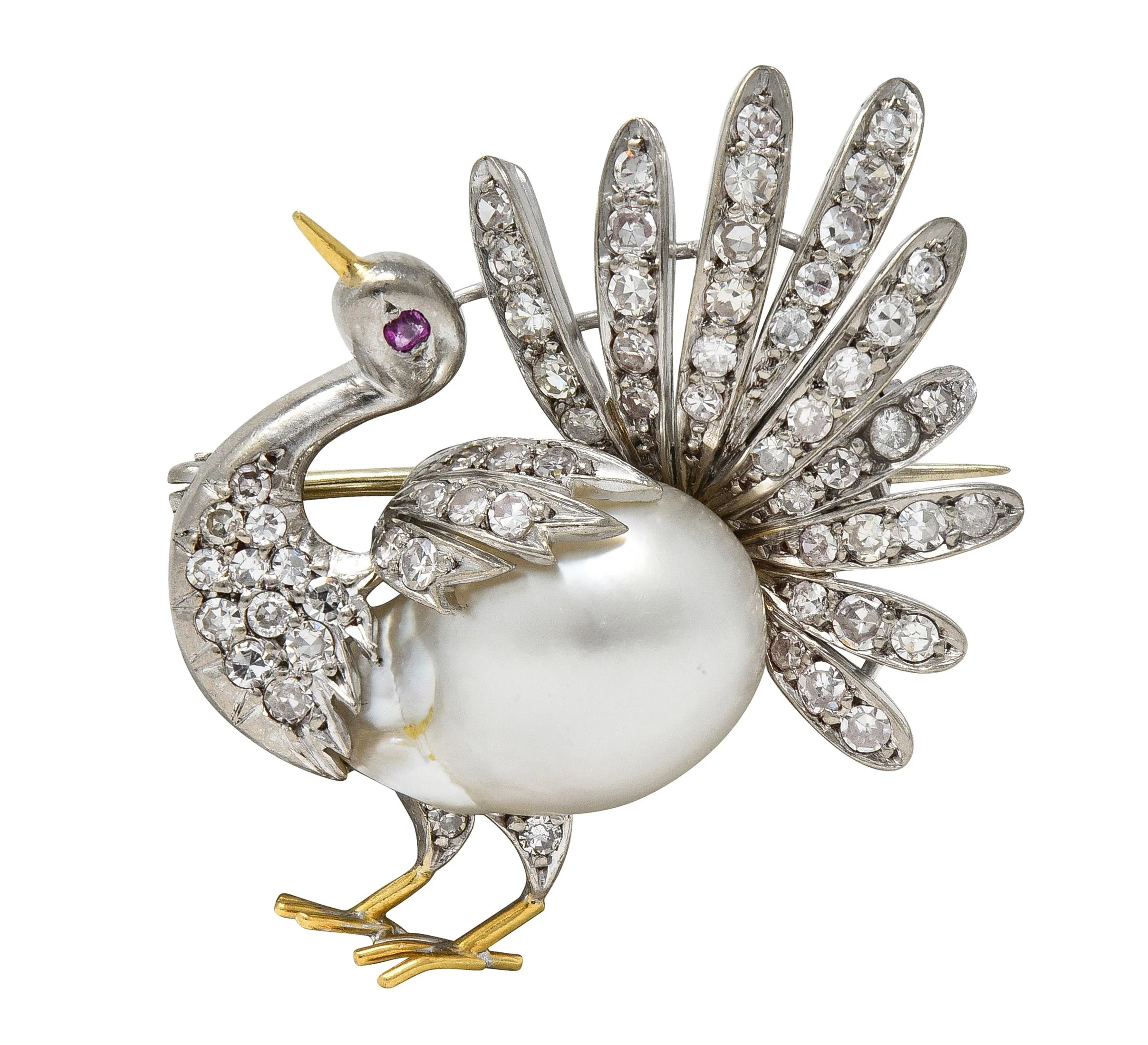French Pearl Diamond 18 Karat Two-Tone Gold Vintage Turkey Brooch - Image 8