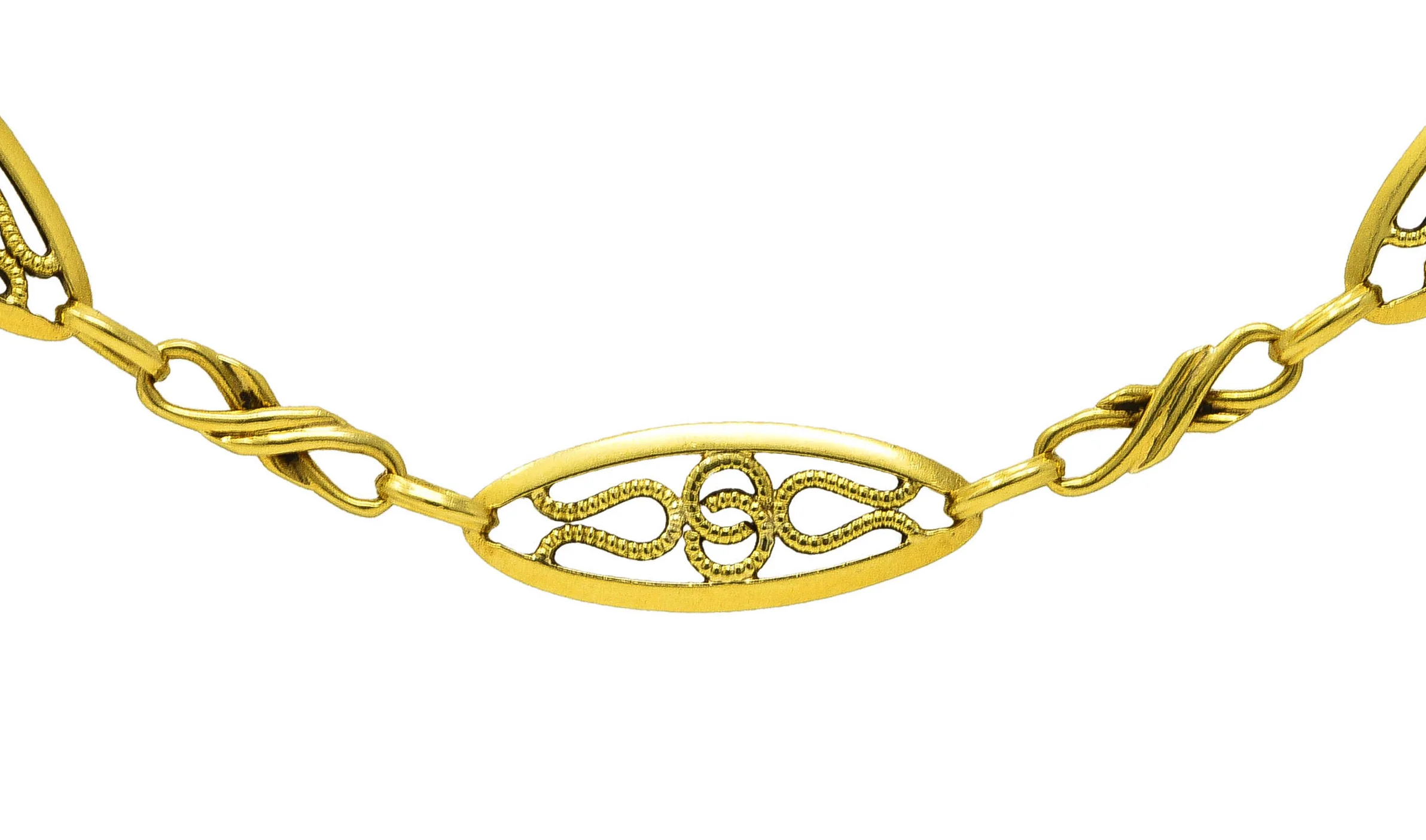 French Victorian 18 Karat Yellow Gold Filigree Navette 62 Inch Long Antique Chain Necklace - Image 8