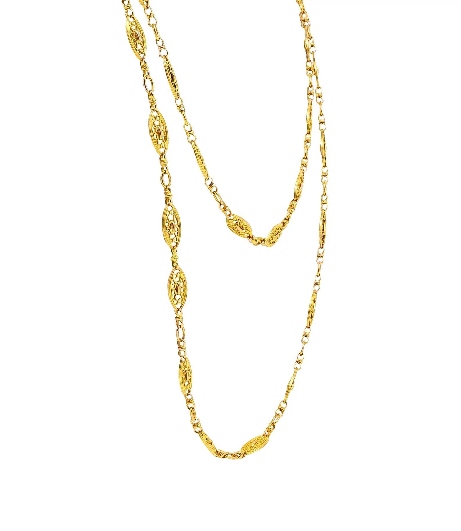 French Victorian 18 Karat Yellow Gold Scroll Navette Long Chain Antique Necklace - Image 3