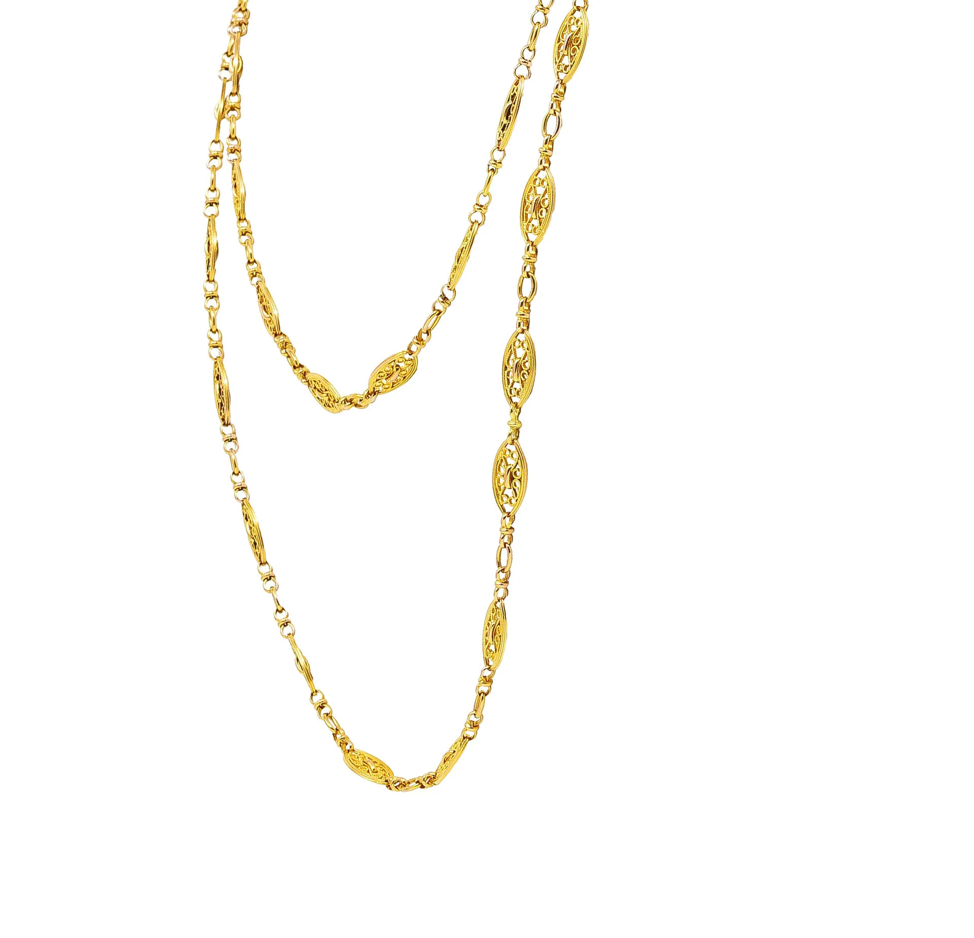 French Victorian 18 Karat Yellow Gold Scroll Navette Long Chain Antique Necklace - Image 4