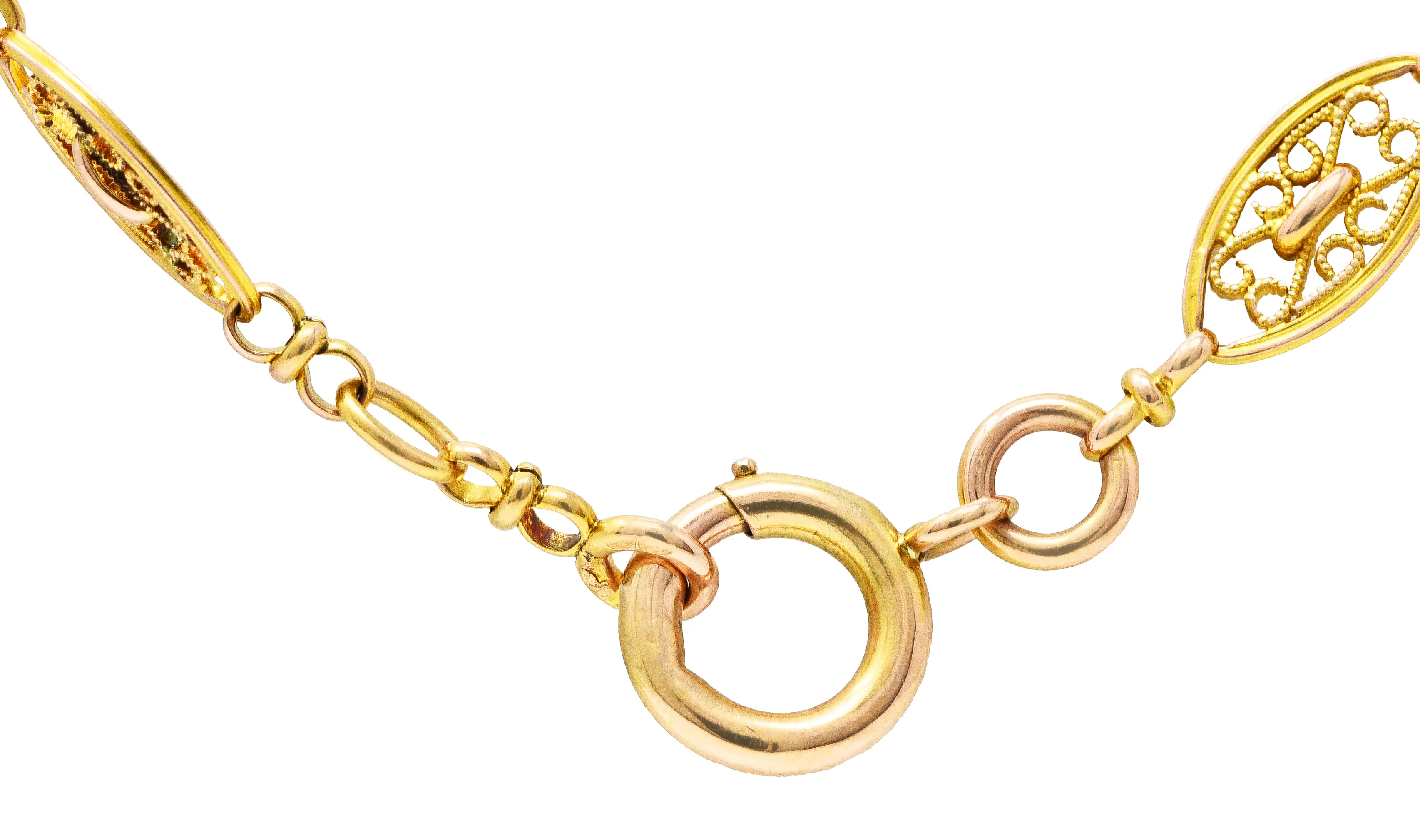 French Victorian 18 Karat Yellow Gold Scroll Navette Long Chain Antique Necklace - Image 7