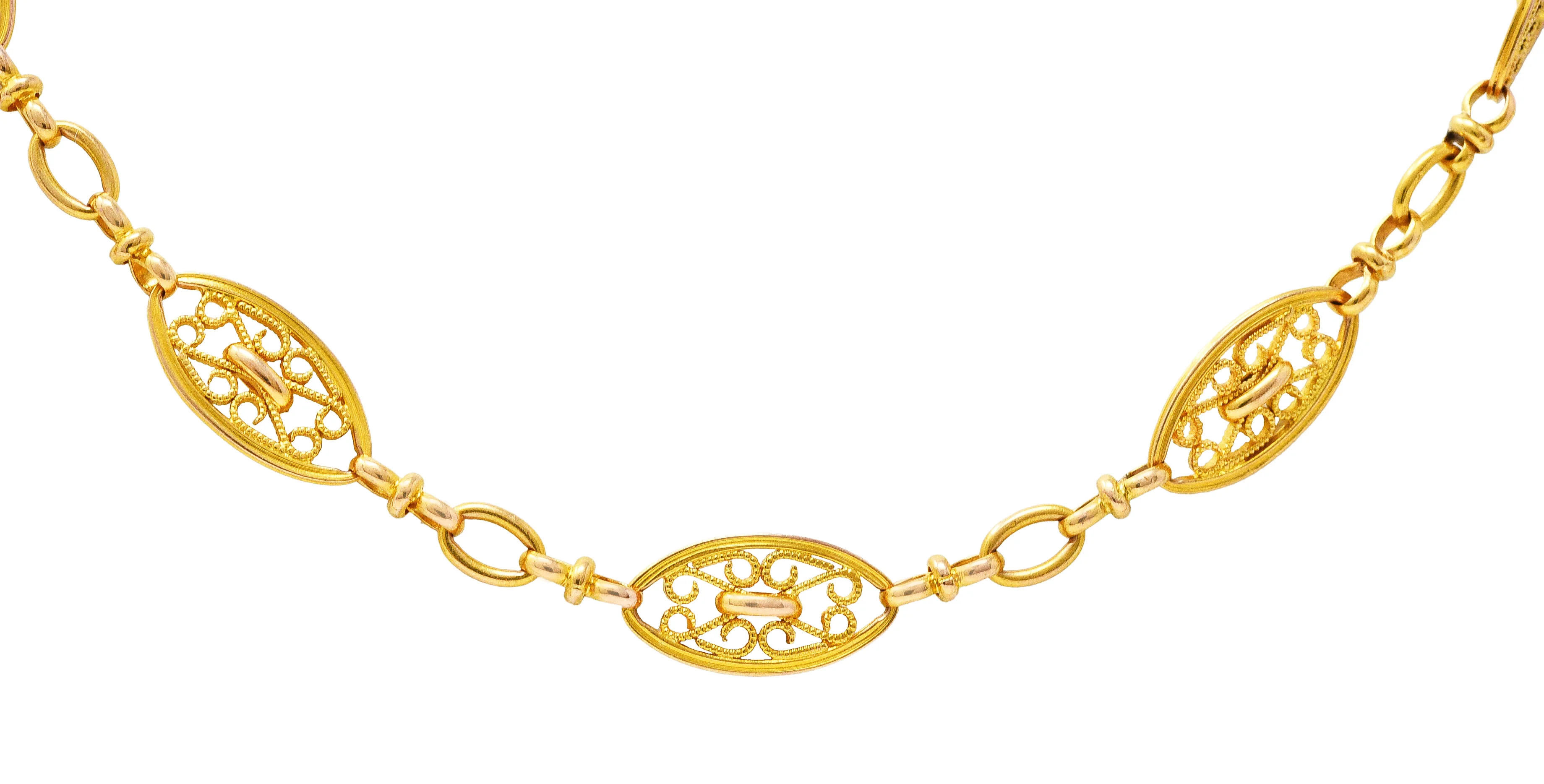 French Victorian 18 Karat Yellow Gold Scroll Navette Long Chain Antique Necklace - Image 8