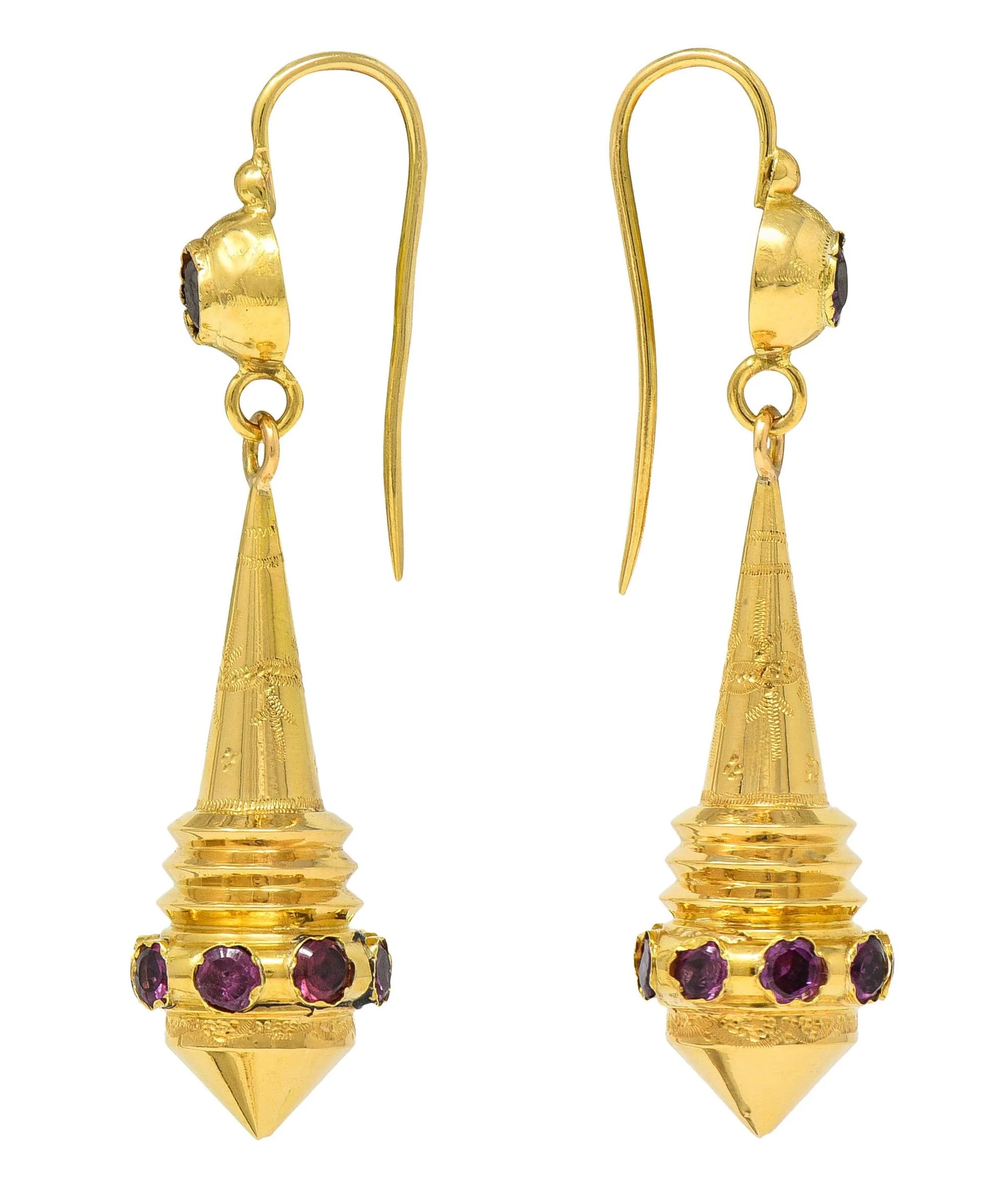 French Victorian Etruscan Revival Tourmaline 18 Karat Yellow Gold Antique Drop Earrings - Image 3