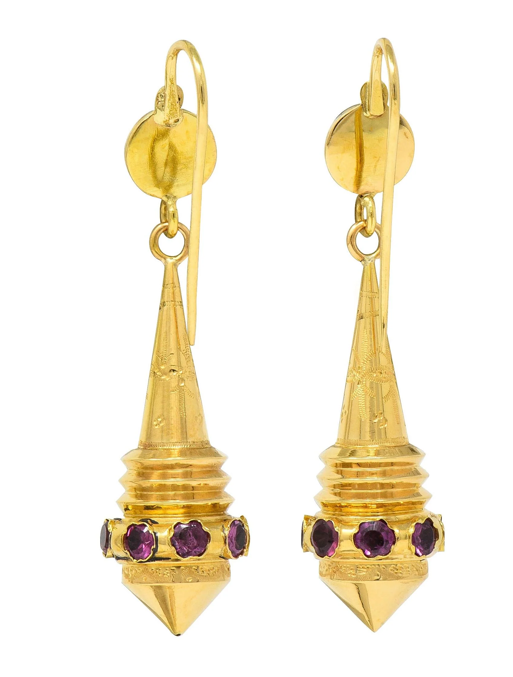 French Victorian Etruscan Revival Tourmaline 18 Karat Yellow Gold Antique Drop Earrings - Image 4