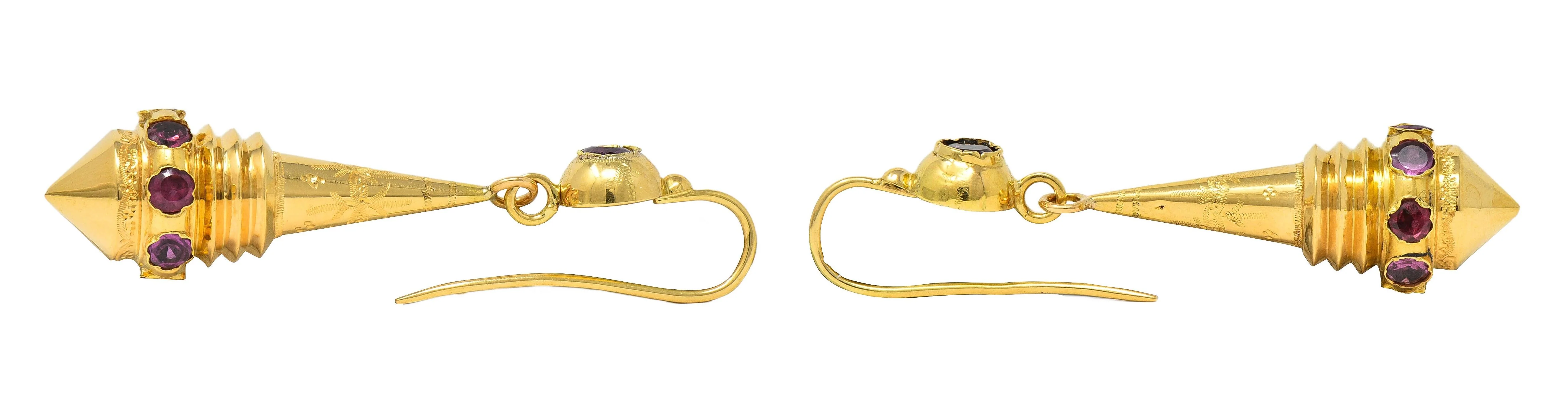 French Victorian Etruscan Revival Tourmaline 18 Karat Yellow Gold Antique Drop Earrings - Image 5