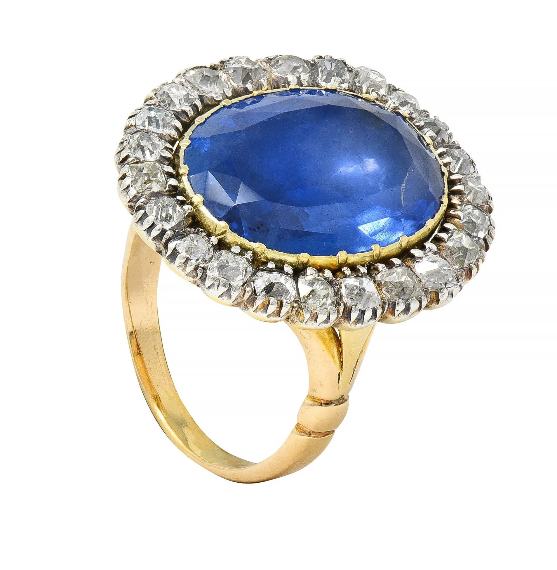 Georgian 13.01 CTW No Heat Burma Sapphire Diamond Silver 14 Karat Antique Gold Halo Ring GIA - Image 12