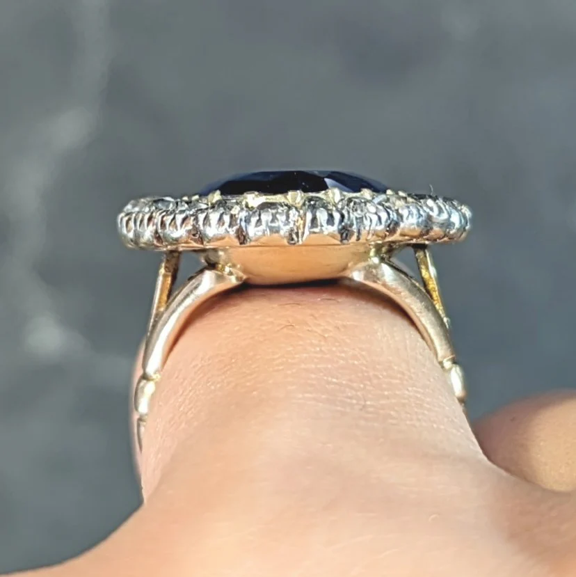 Georgian 13.01 CTW No Heat Burma Sapphire Diamond Silver 14 Karat Antique Gold Halo Ring GIA - Image 15