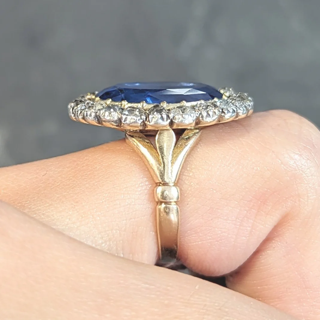 Georgian 13.01 CTW No Heat Burma Sapphire Diamond Silver 14 Karat Antique Gold Halo Ring GIA - Image 16