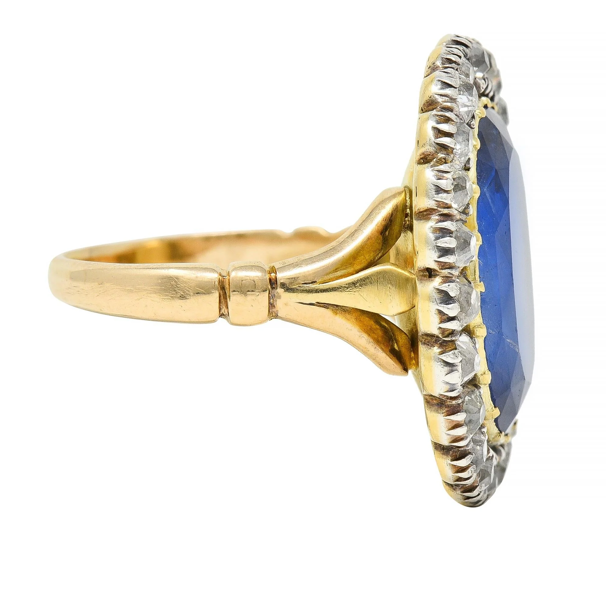 Georgian 13.01 CTW No Heat Burma Sapphire Diamond Silver 14 Karat Antique Gold Halo Ring GIA - Image 3
