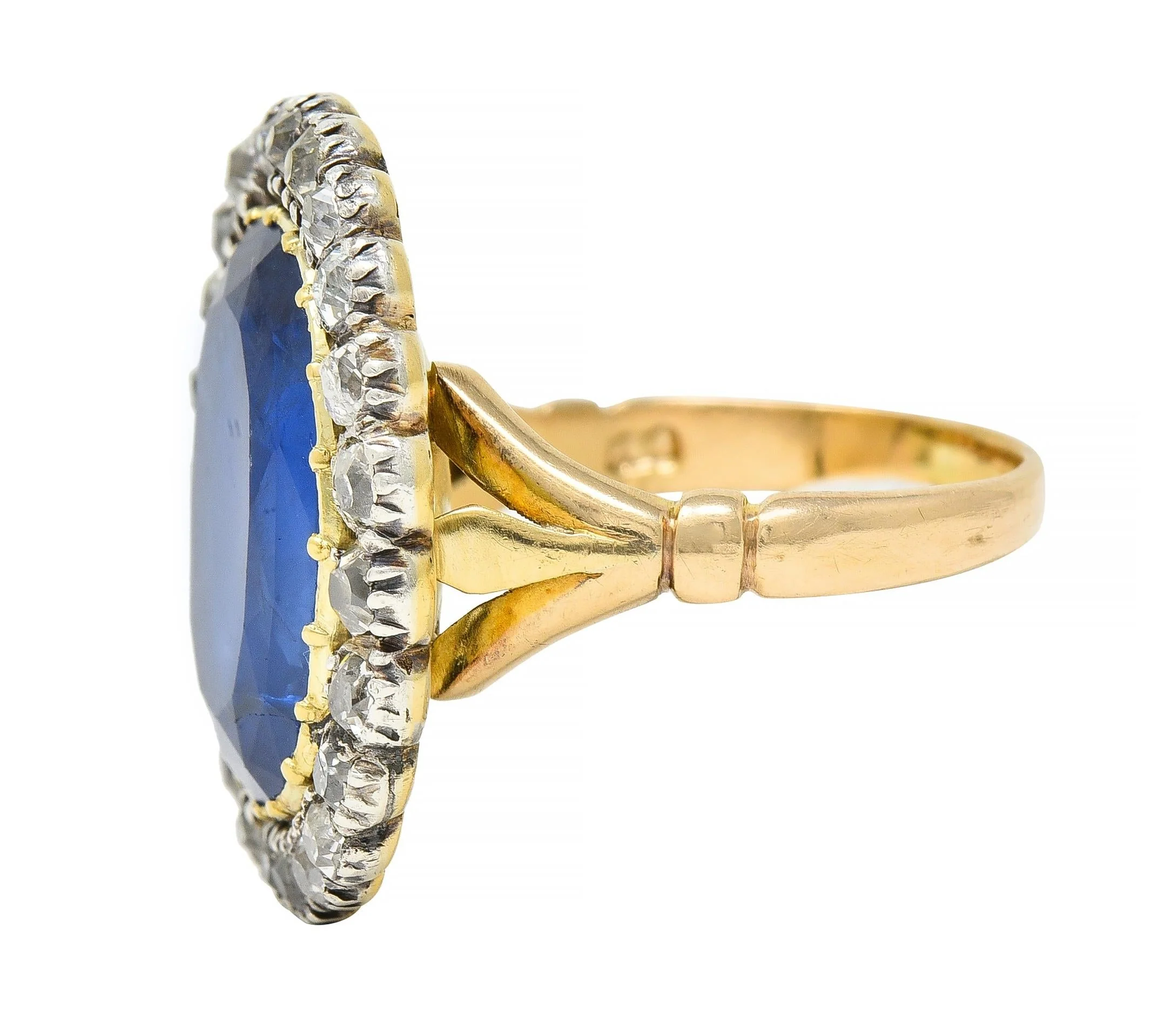 Georgian 13.01 CTW No Heat Burma Sapphire Diamond Silver 14 Karat Antique Gold Halo Ring GIA - Image 6