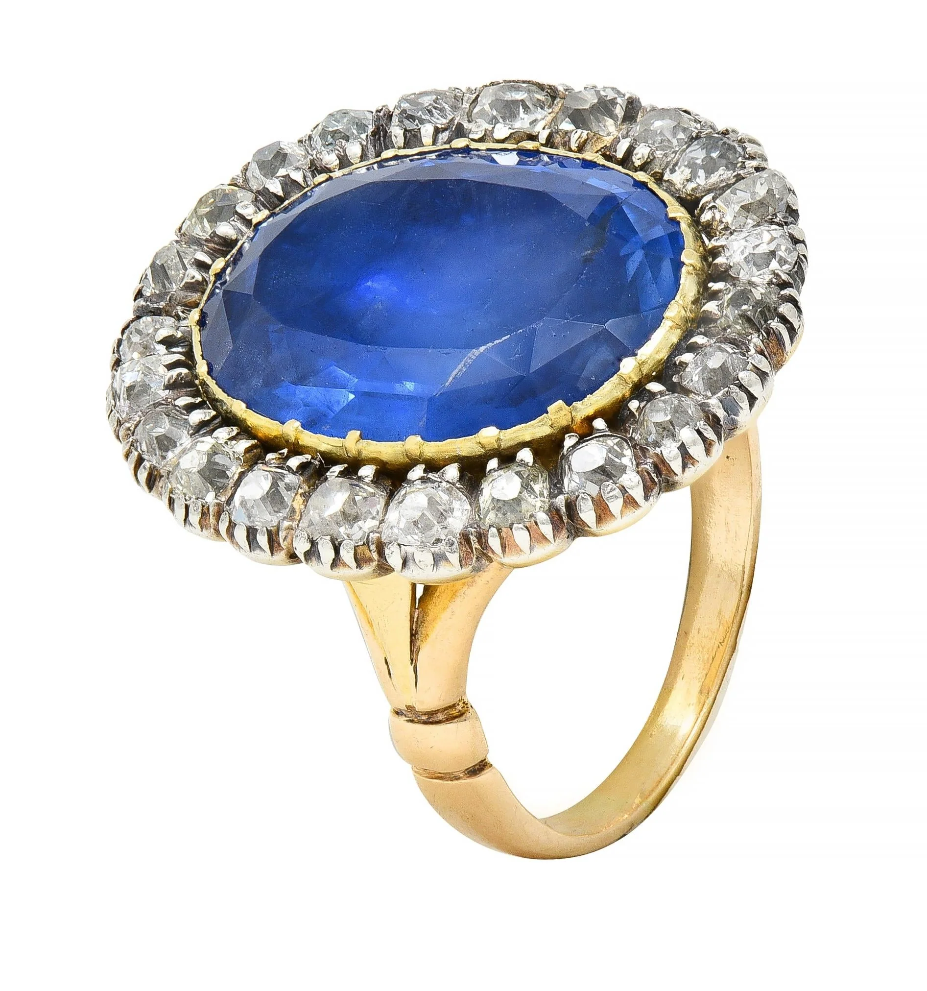 Georgian 13.01 CTW No Heat Burma Sapphire Diamond Silver 14 Karat Antique Gold Halo Ring GIA - Image 8