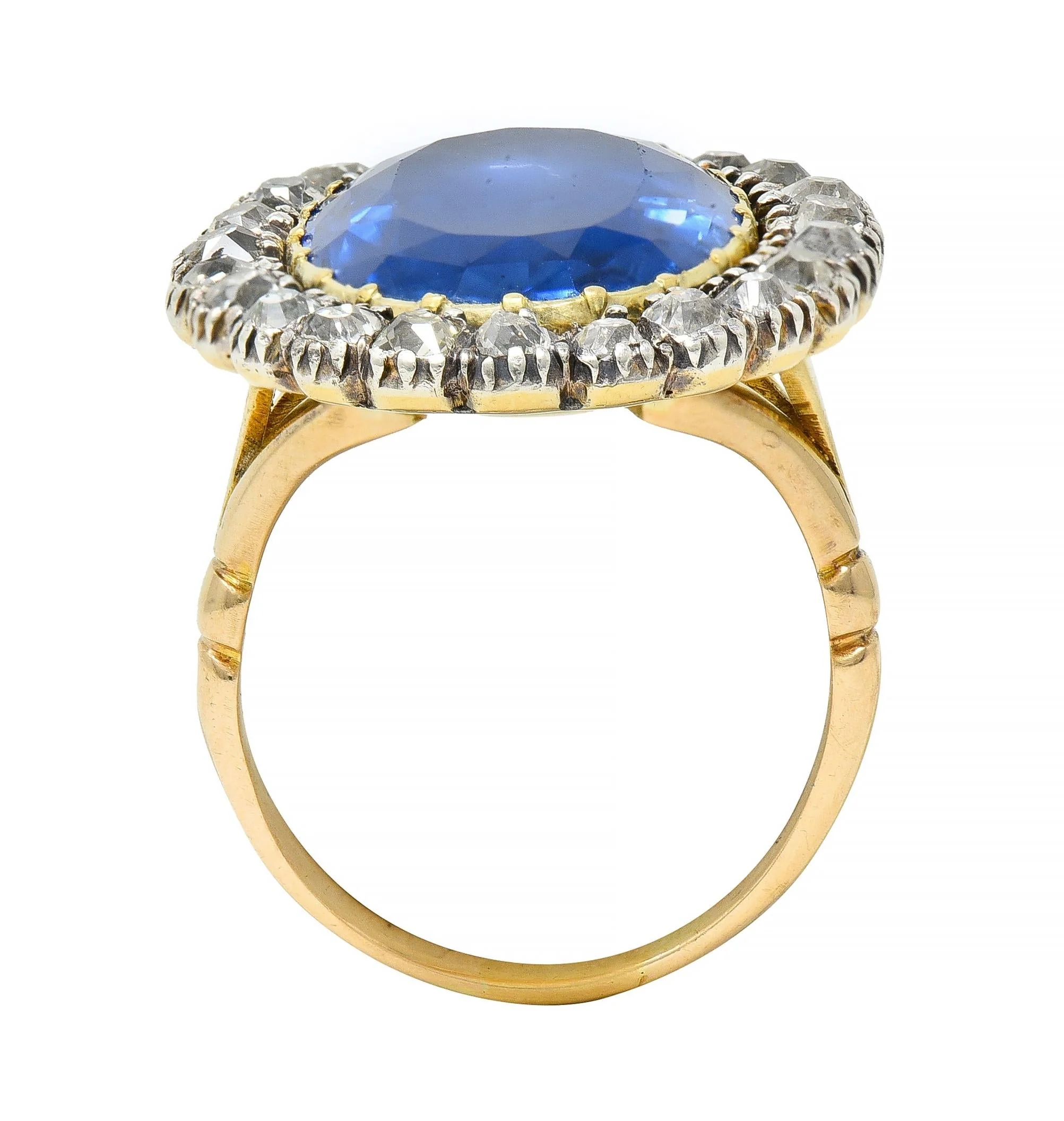 Georgian 13.01 CTW No Heat Burma Sapphire Diamond Silver 14 Karat Antique Gold Halo Ring GIA - Image 9