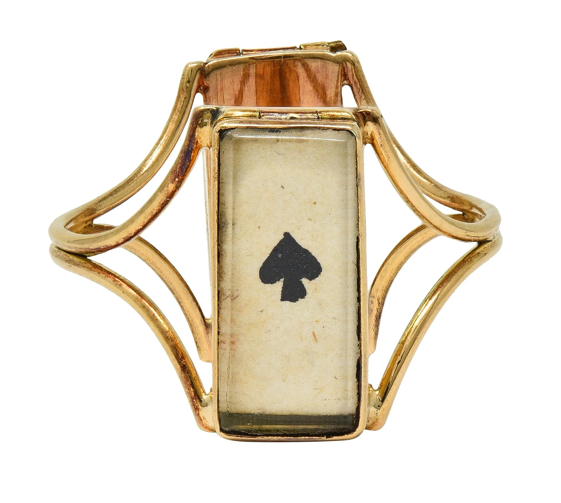 Georgian Quartz 14 Karat Yellow Gold Antique Playing Card Double Compartment Ring - Image 2