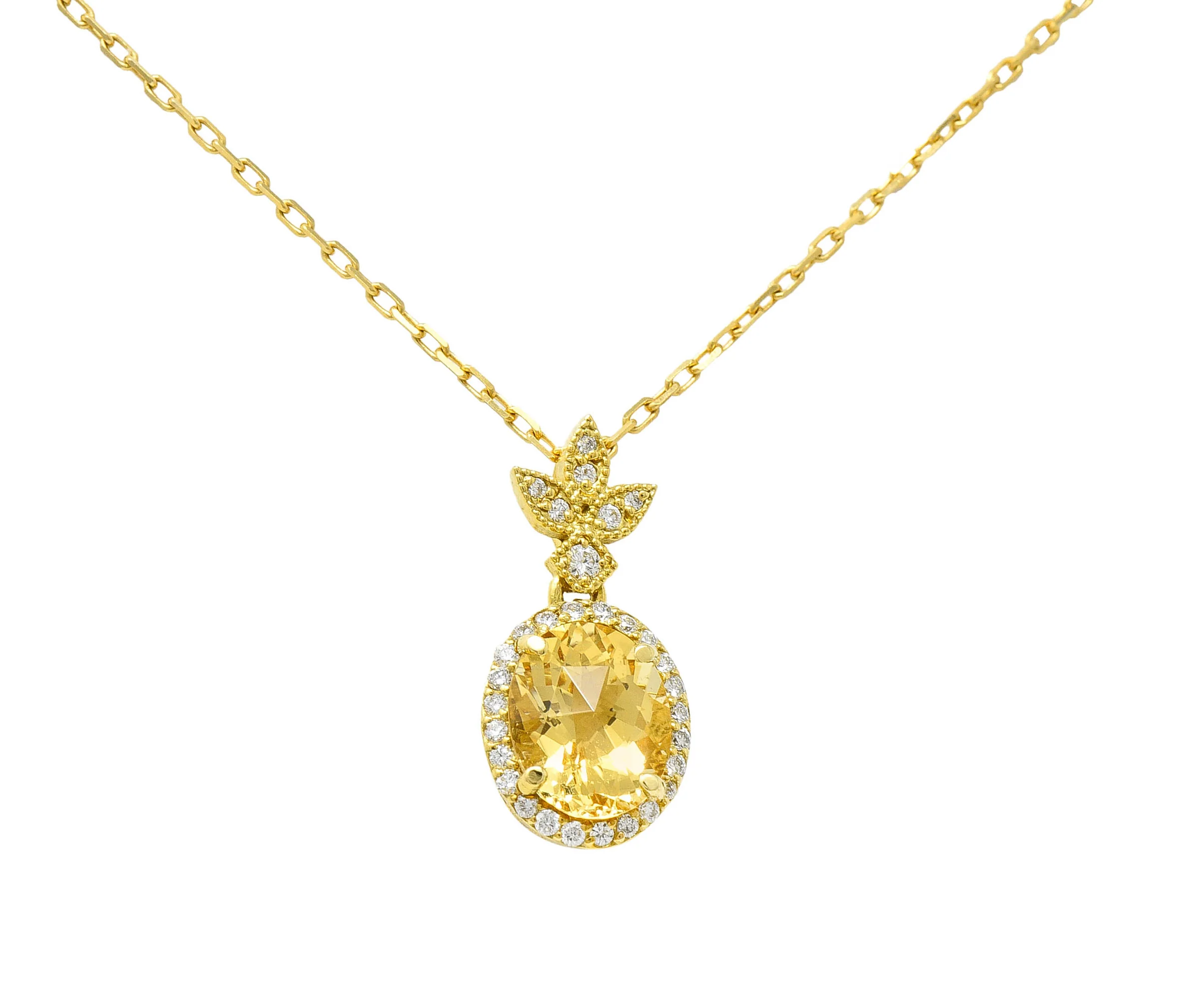 Golden Heliodor Diamond 18 Karat Yellow Gold Foliate Pendant Necklace