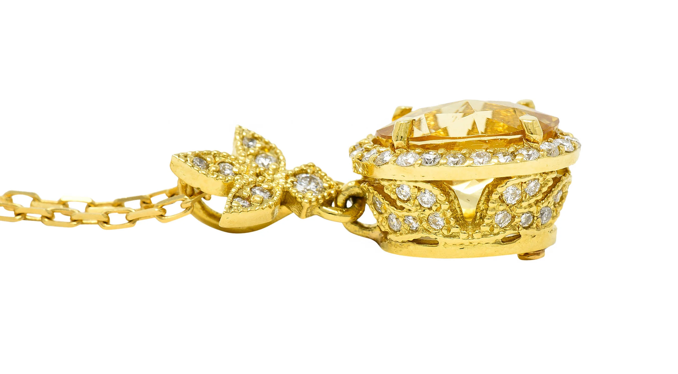 Golden Heliodor Diamond 18 Karat Yellow Gold Foliate Pendant Necklace - Image 10