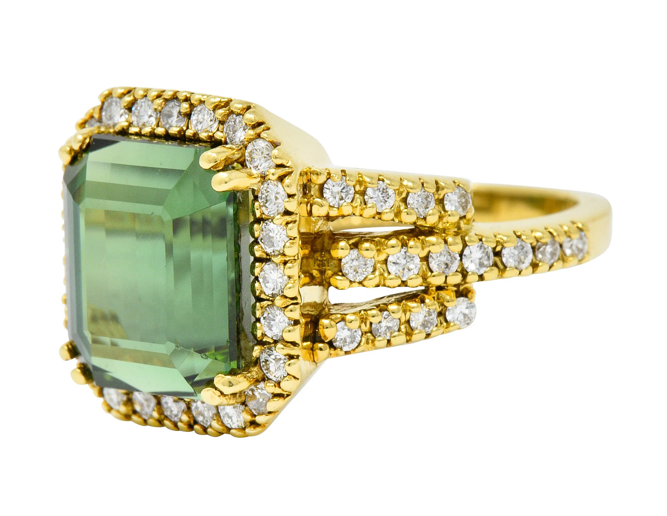 Green Tourmaline Diamond Halo 18 Karat Gold Cocktail Ring - Image 6