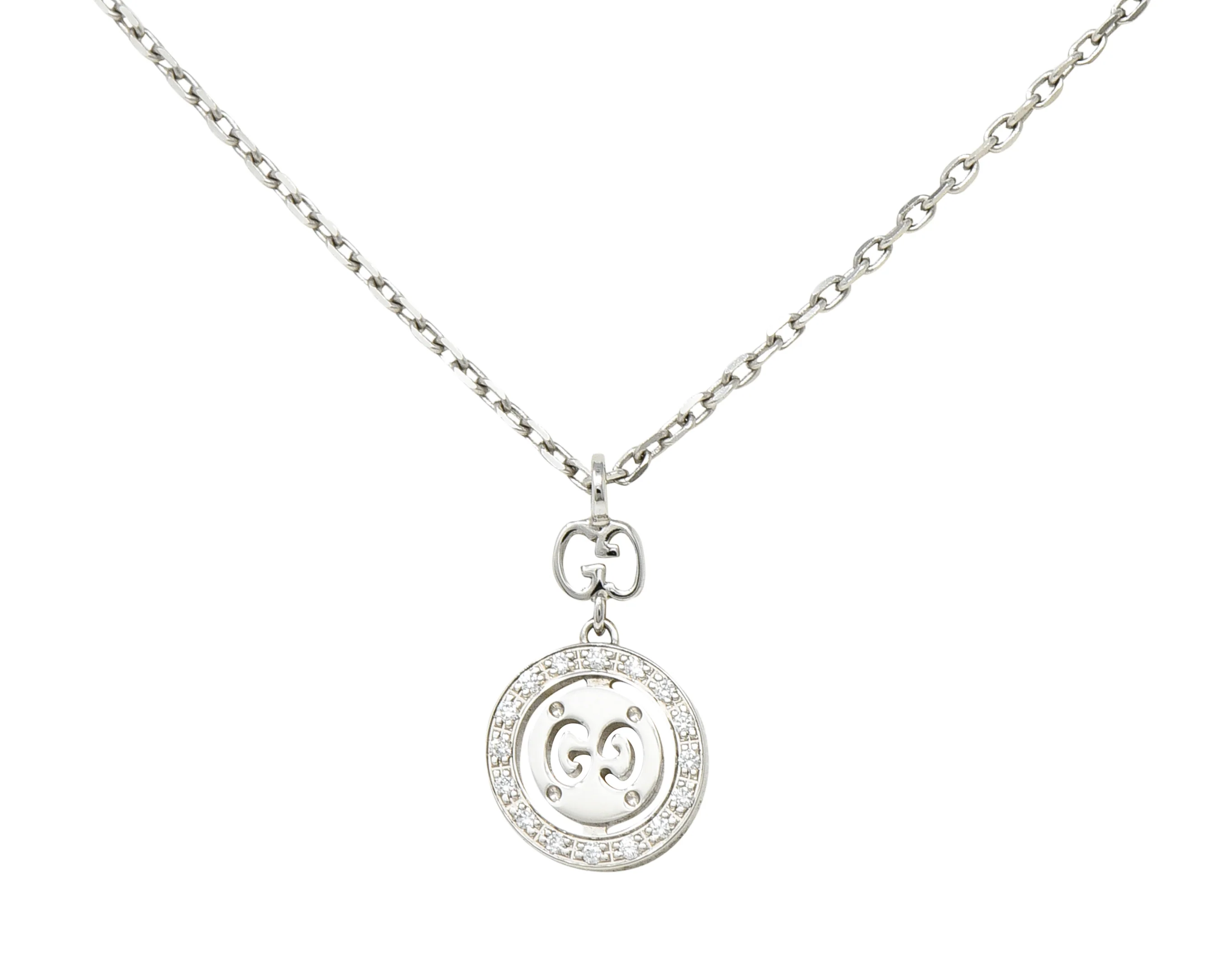 Gucci 2000 Diamond 18 Karat White Gold Double GG Twirl Brit Vintage Pendant Necklace - Image 3