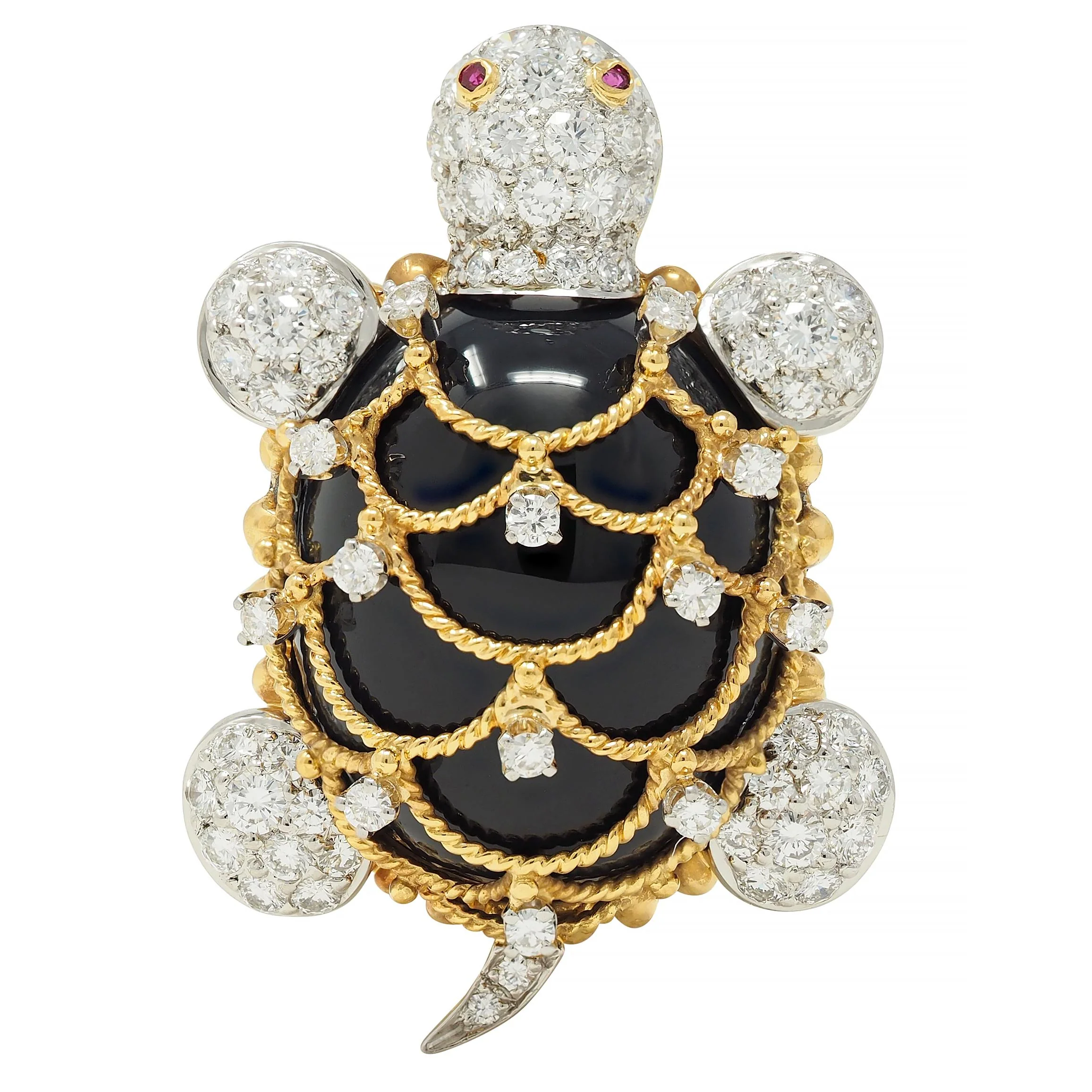 Hammerman 1960s 2.60 CTW Diamond Ruby Onyx Platinum 18 Karat Yellow Gold Vintage Turtle Brooch - Image 5
