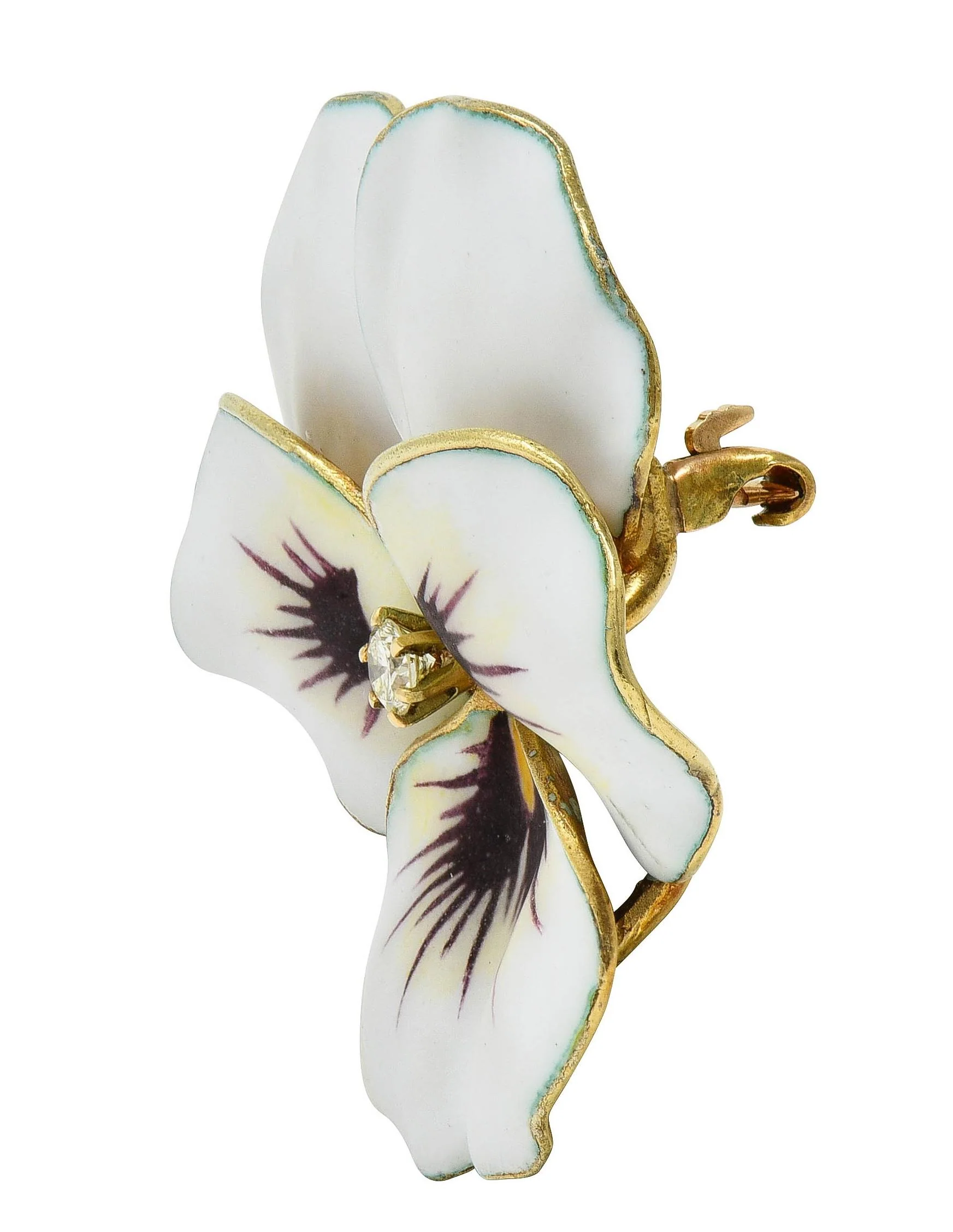 Hedges & Co. Art Nouveau Diamond White Enamel 14 Karat Yellow Gold Antique Pansy Brooch - Image 3