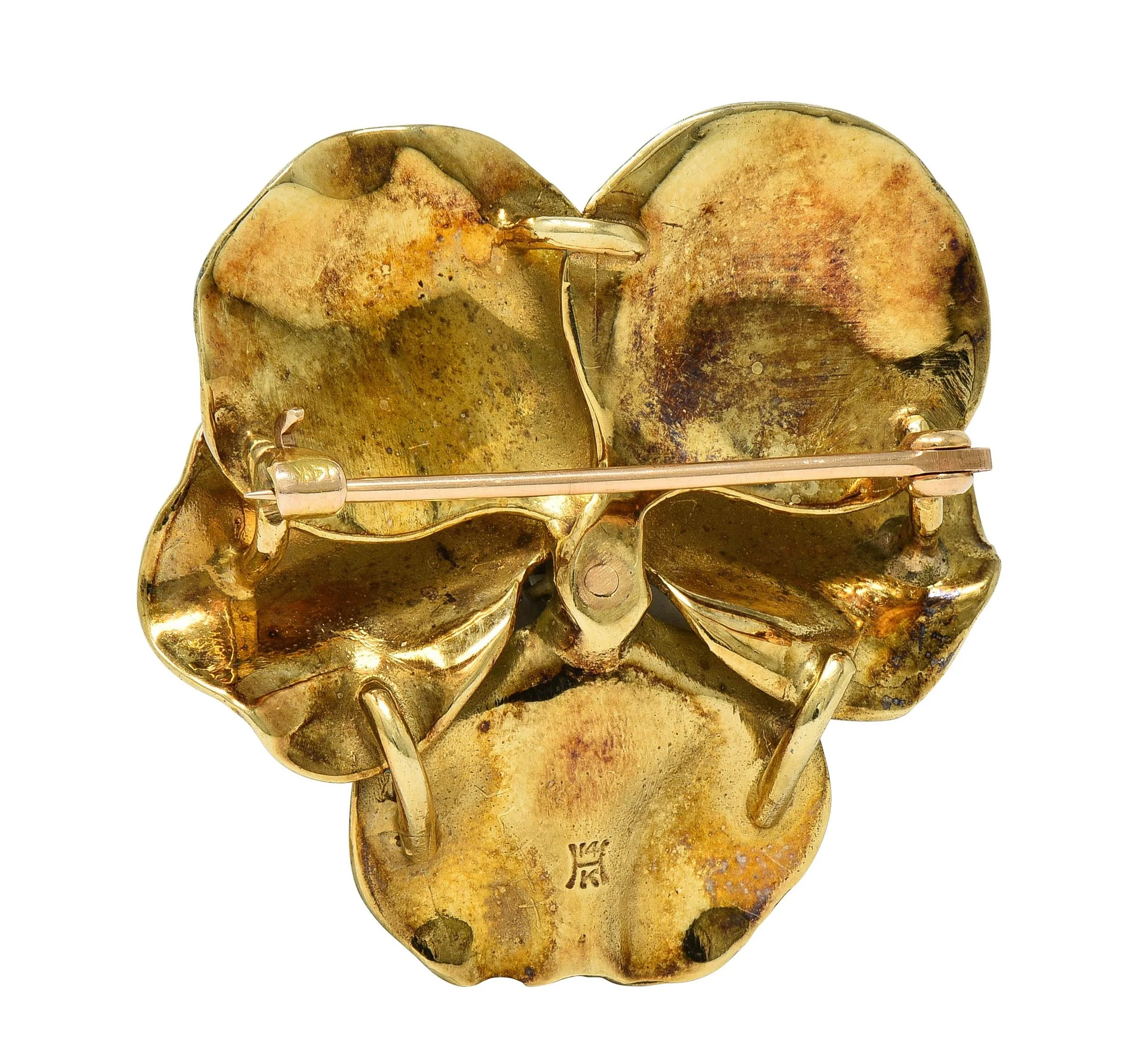 Hedges & Co. Art Nouveau Diamond White Enamel 14 Karat Yellow Gold Antique Pansy Brooch - Image 4