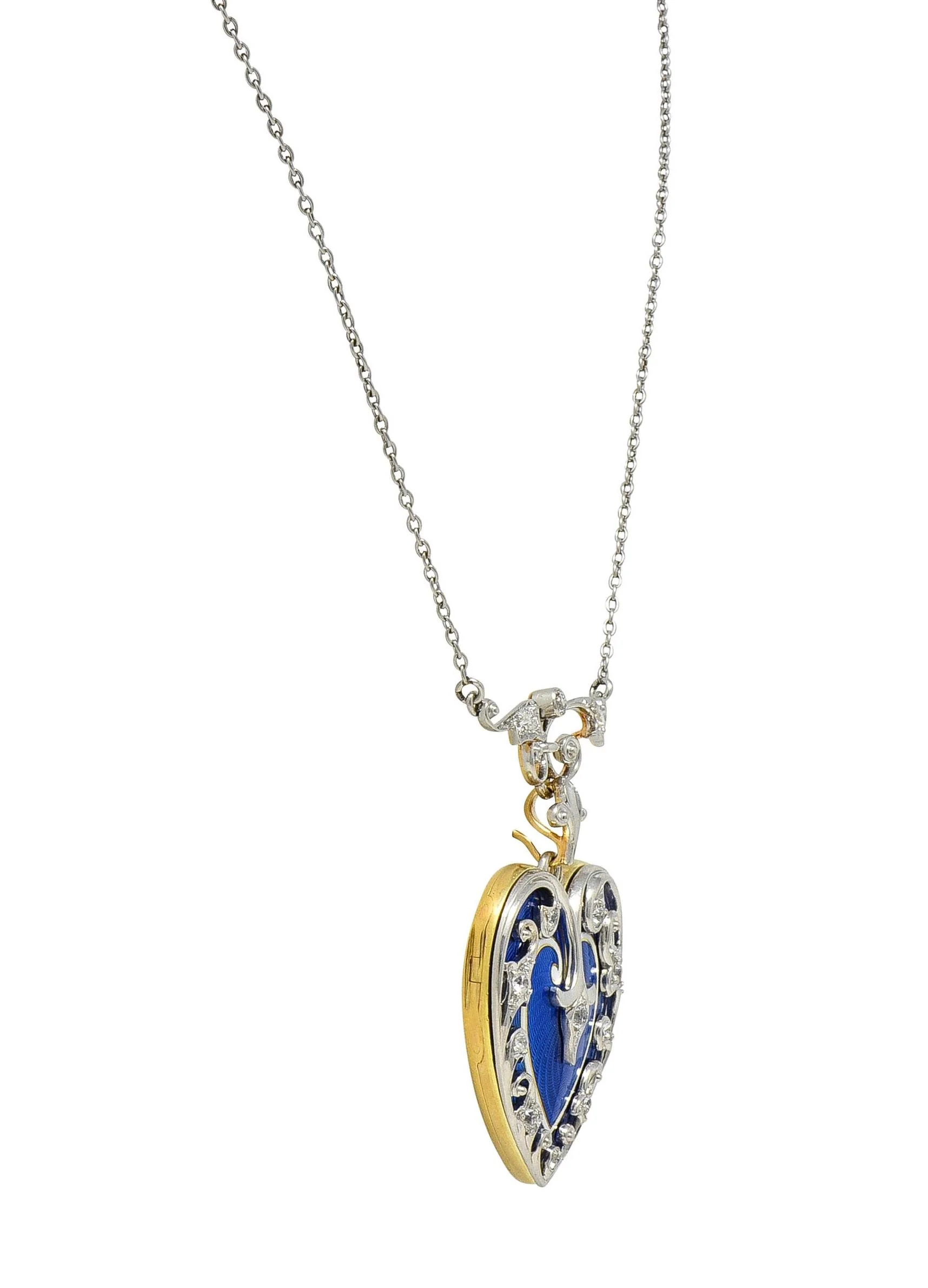 Henry Blank & Co Edwardian Diamond Enamel Platinum 14K Gold Antique Heart Locket Pendant Necklace - Image 6