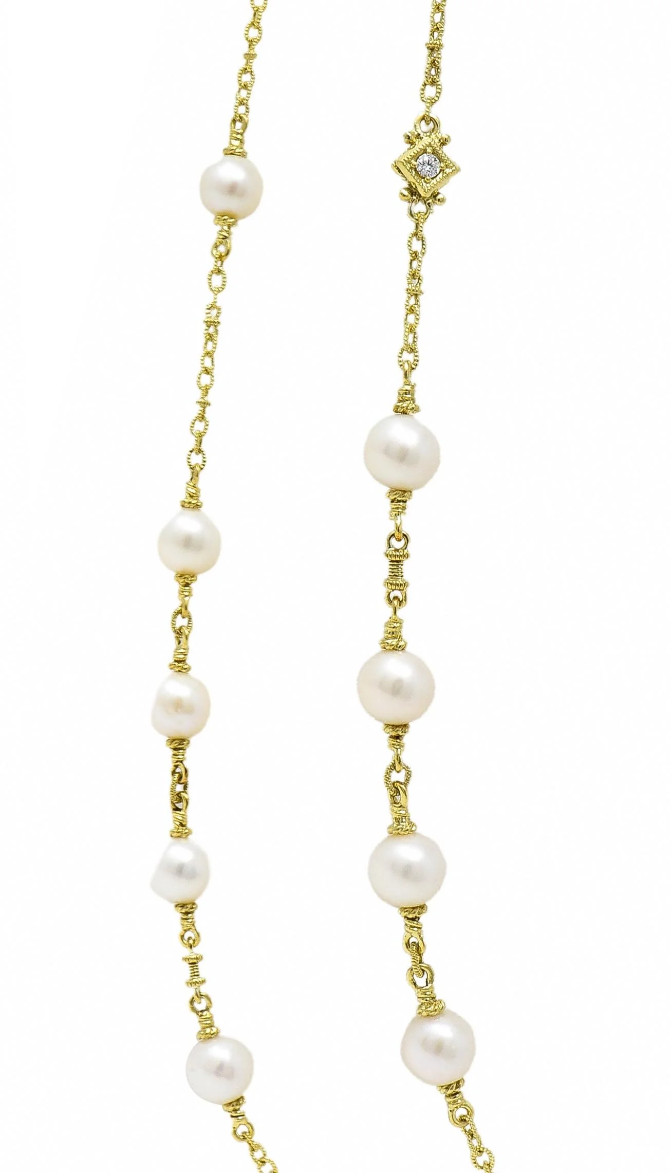 Judith Ripka 2000's Akoya Pearl Diamond 18 Karat Yellow Gold Station Chain Necklace - Image 7