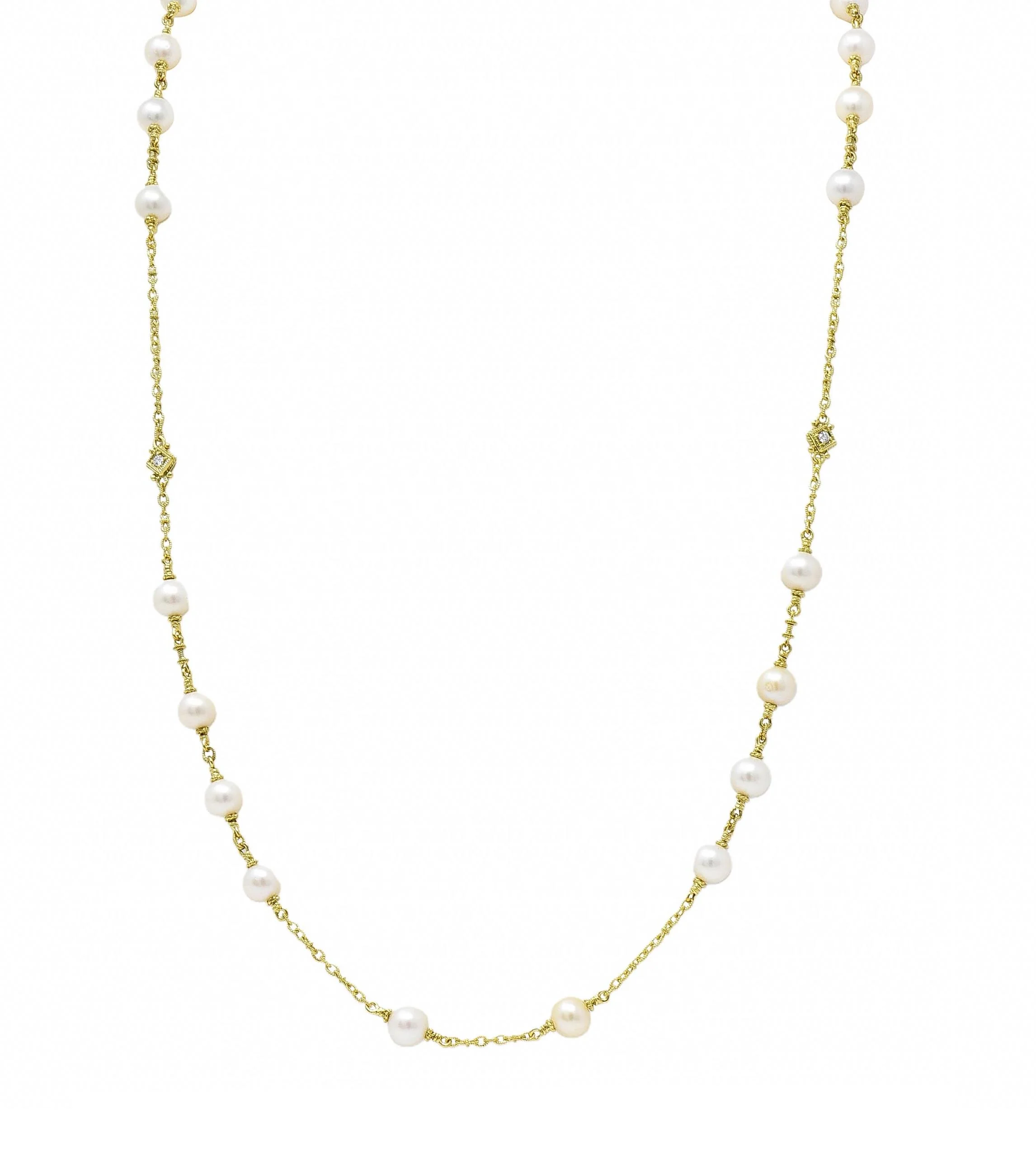 Judith Ripka 2000's Akoya Pearl Diamond 18 Karat Yellow Gold Station Chain Necklace - Image 9
