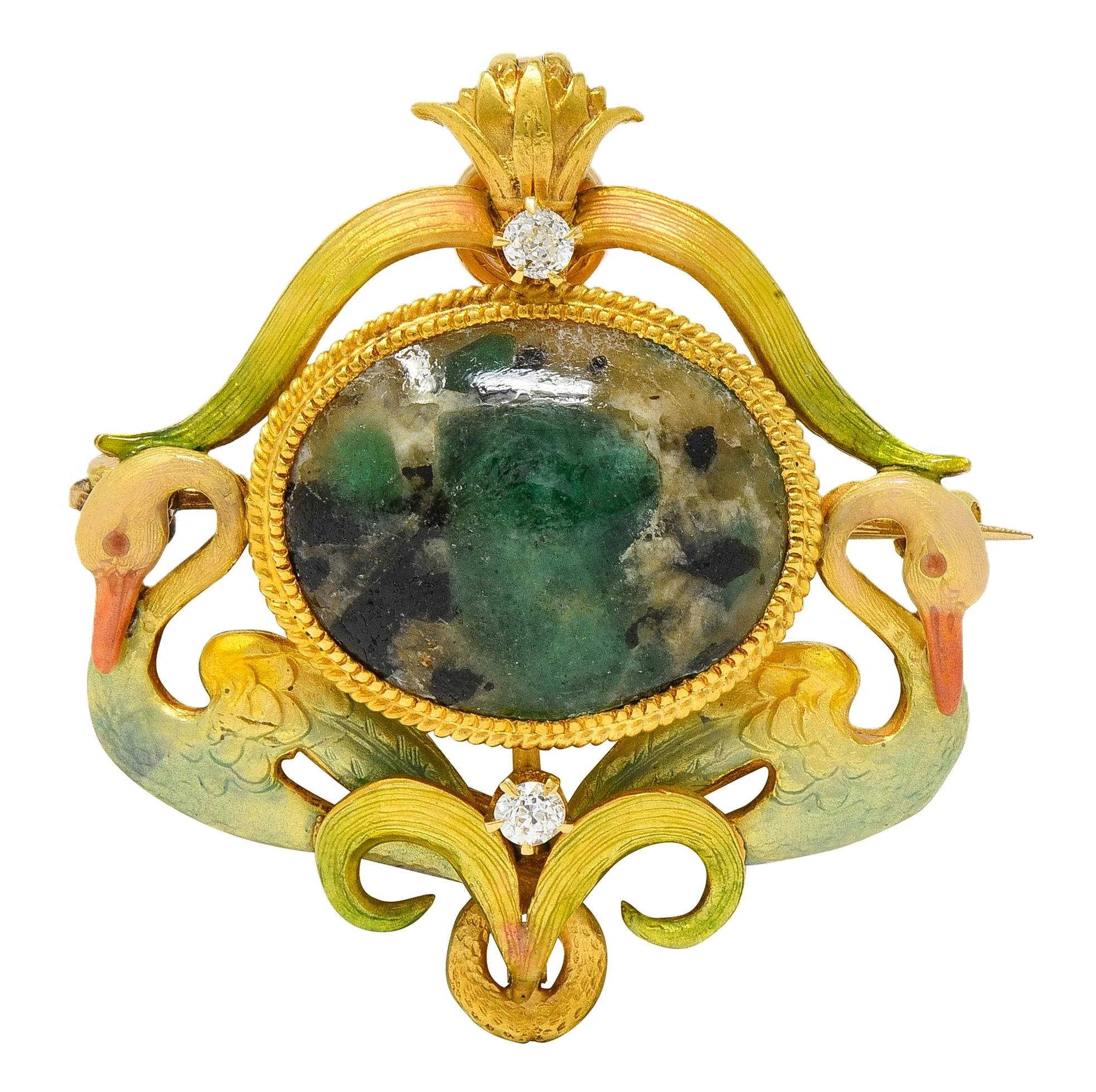 Krementz Art Nouveau Diamond Agate Enamel 14 Karat Yellow Gold Antique Swan Pendant Brooch