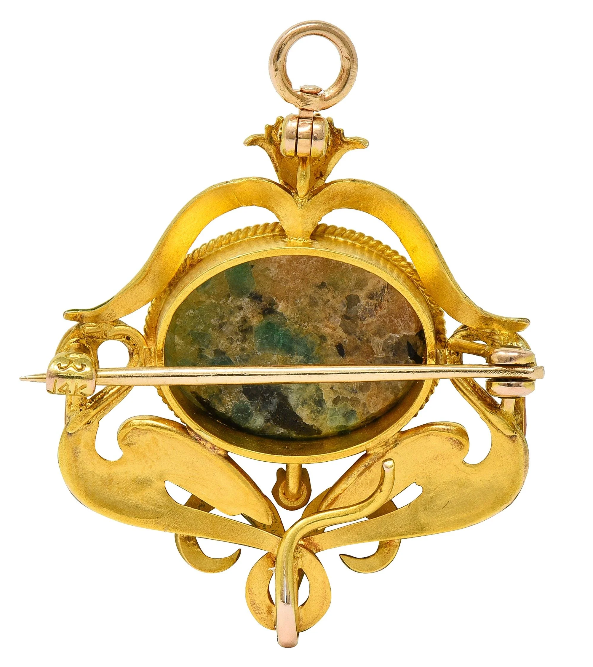 Krementz Art Nouveau Diamond Agate Enamel 14 Karat Yellow Gold Antique Swan Pendant Brooch - Image 5