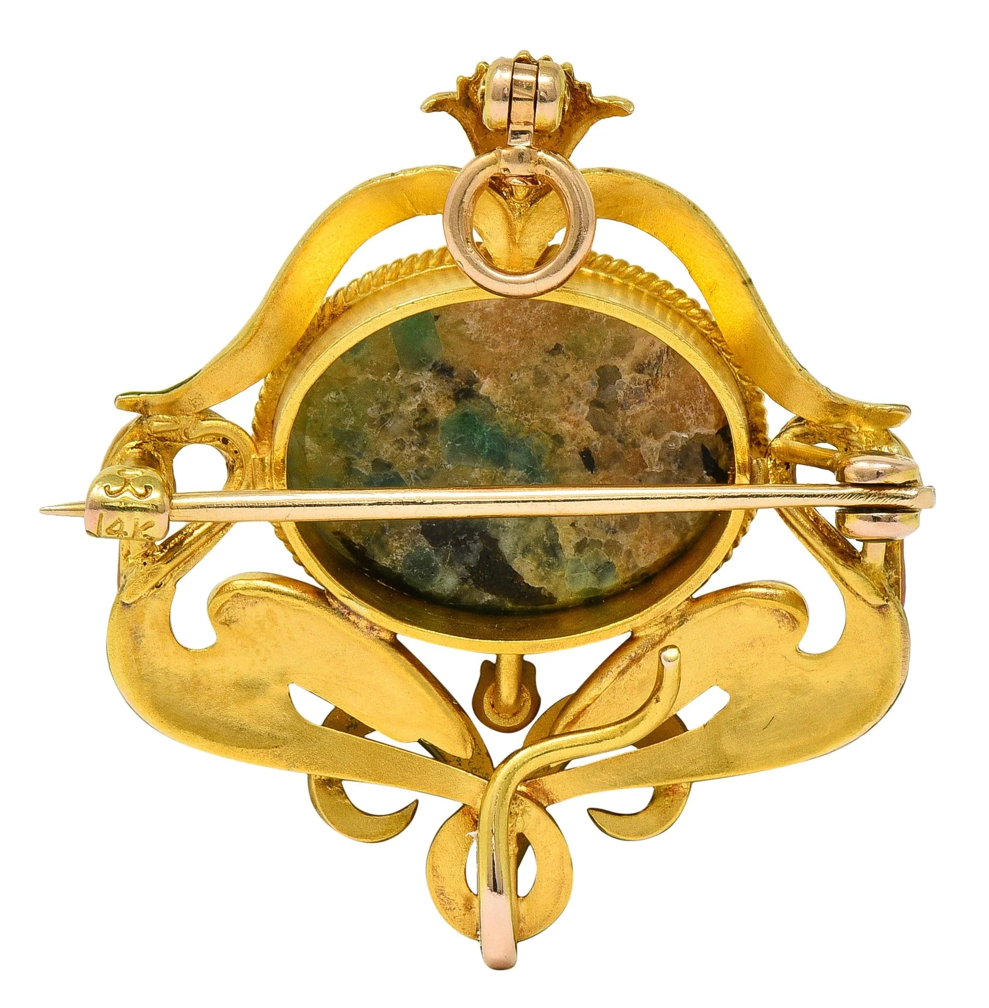Krementz Art Nouveau Diamond Agate Enamel 14 Karat Yellow Gold Antique Swan Pendant Brooch - Image 6
