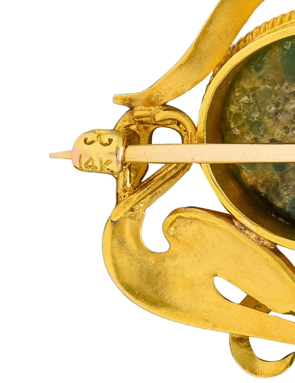 Krementz Art Nouveau Diamond Agate Enamel 14 Karat Yellow Gold Antique Swan Pendant Brooch - Image 8