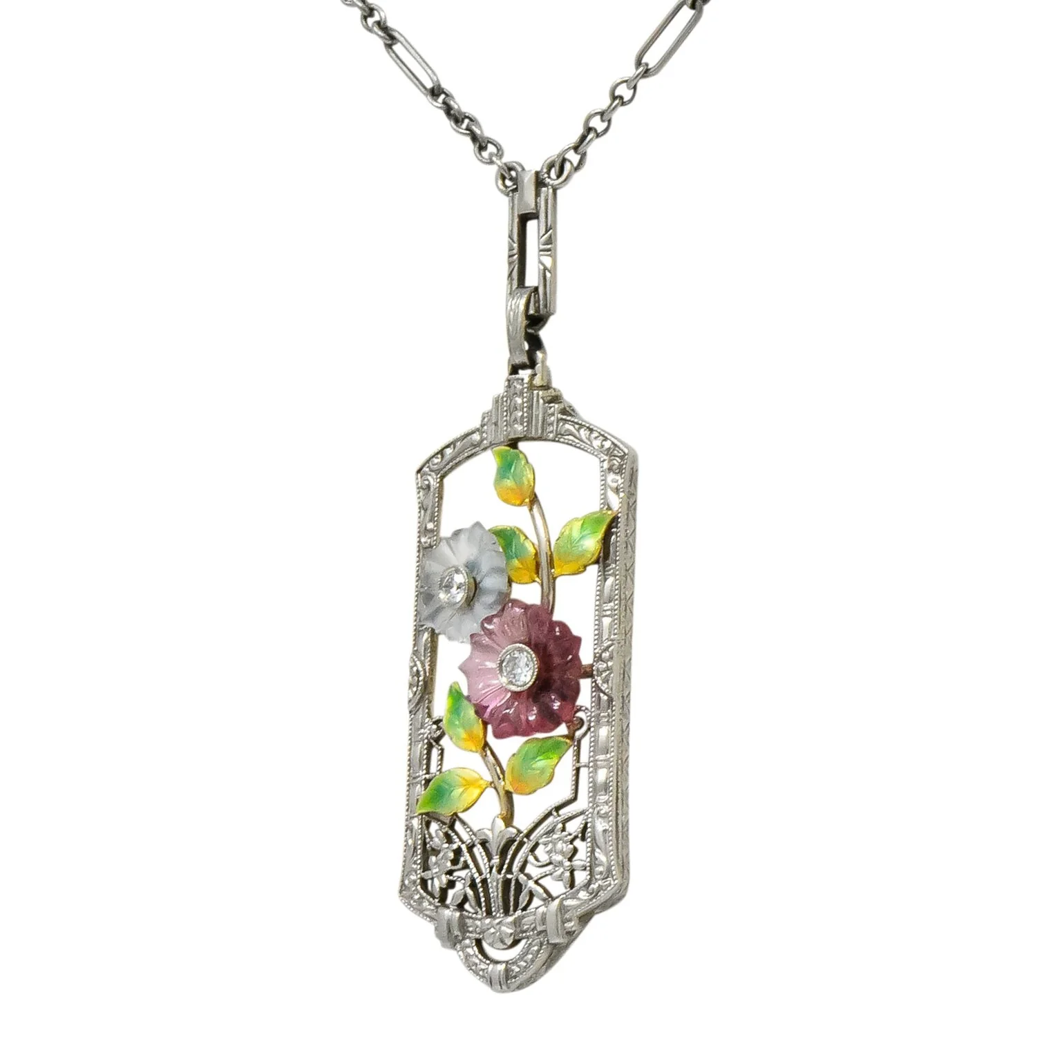 Krementz Art Nouveau Diamond Garnet Rock Crystal Enamel 14 Karat White Gold Pendant Necklace - Image 5