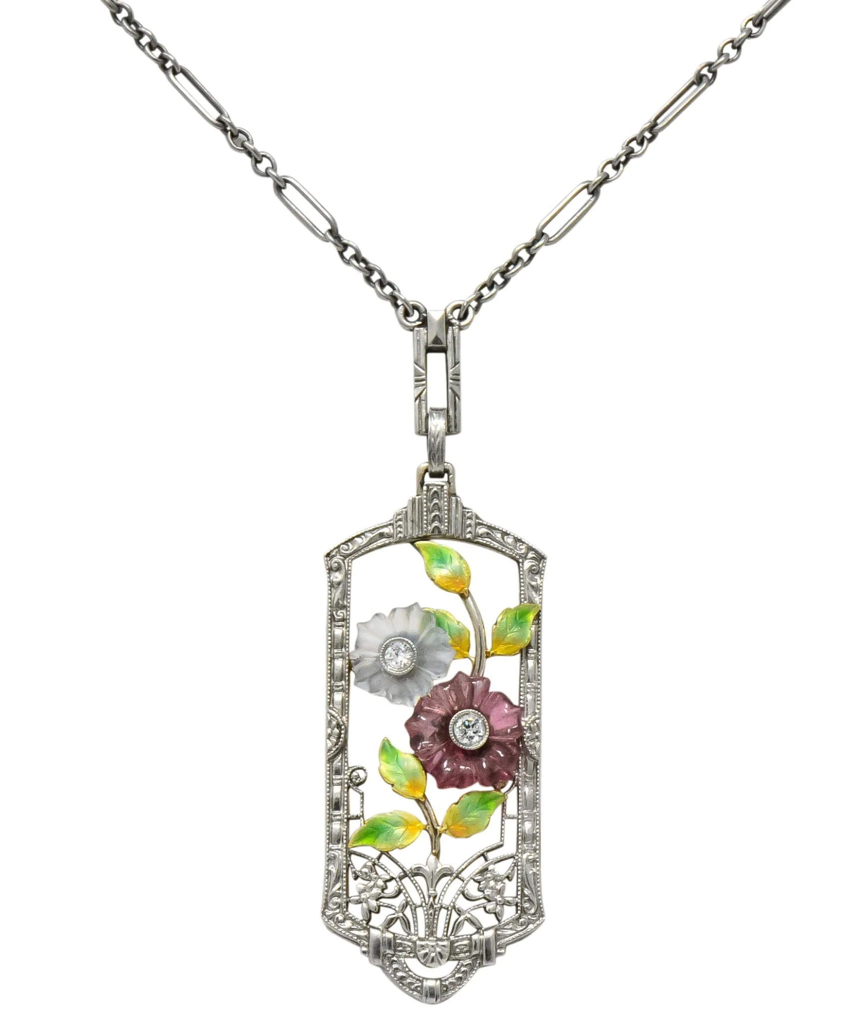 Krementz Art Nouveau Diamond Garnet Rock Crystal Enamel 14 Karat White Gold Pendant Necklace - Image 7