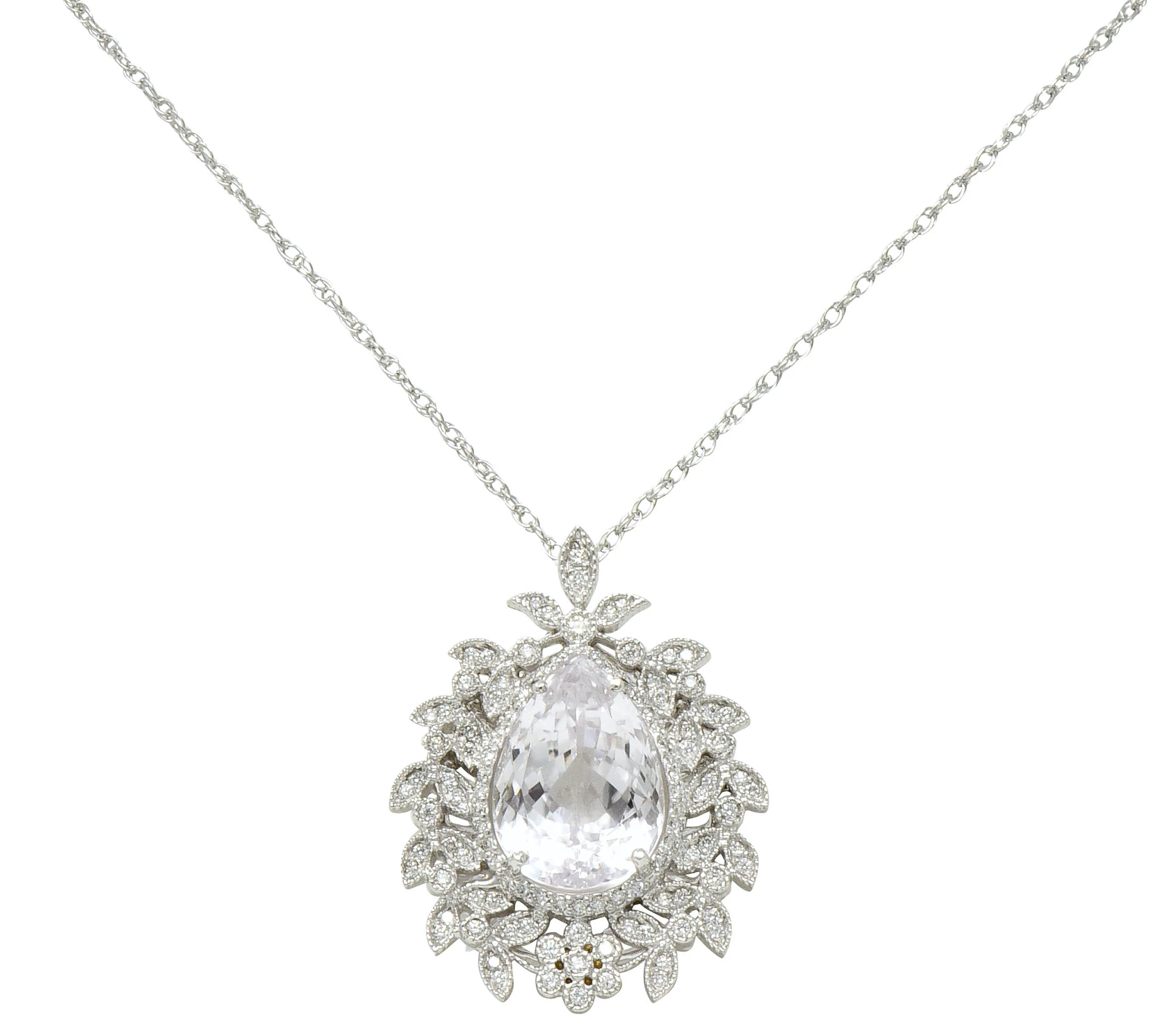 Large Kunzite Diamond 18 Karat White Gold Foliate Cluster Pendant Necklace