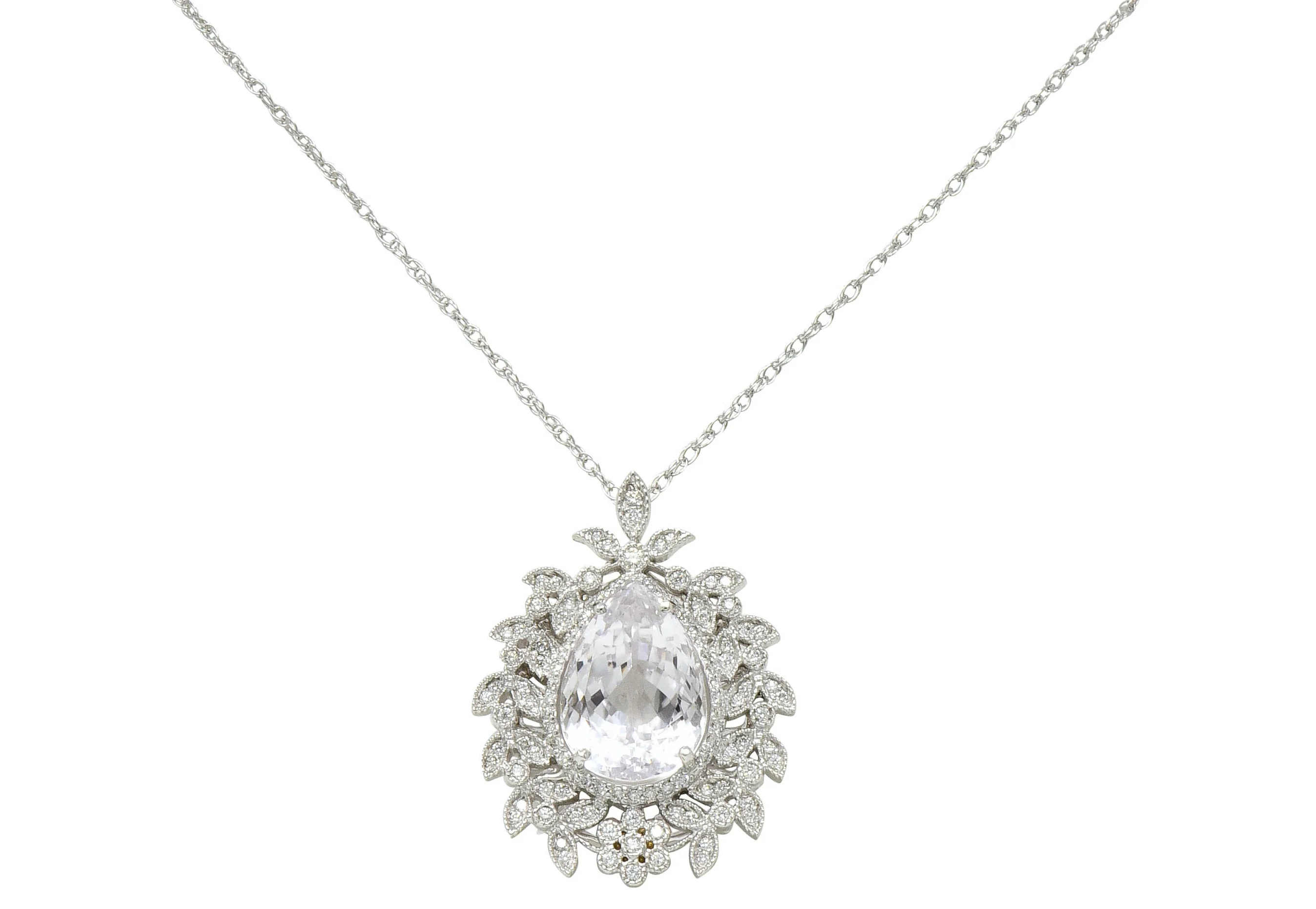 Large Kunzite Diamond 18 Karat White Gold Foliate Cluster Pendant Necklace - Image 10