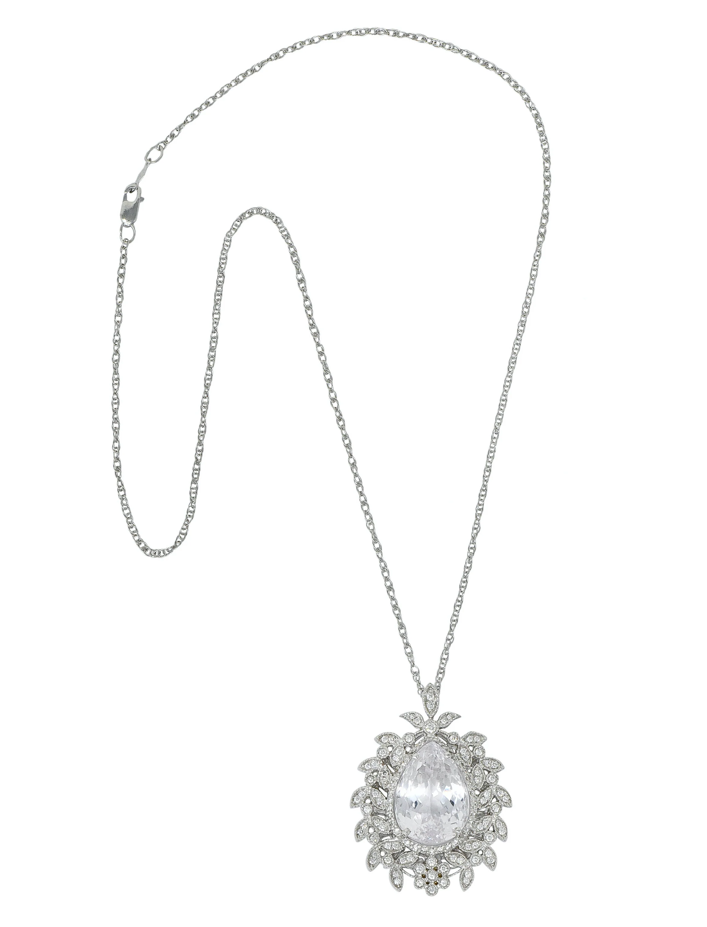 Large Kunzite Diamond 18 Karat White Gold Foliate Cluster Pendant Necklace - Image 2