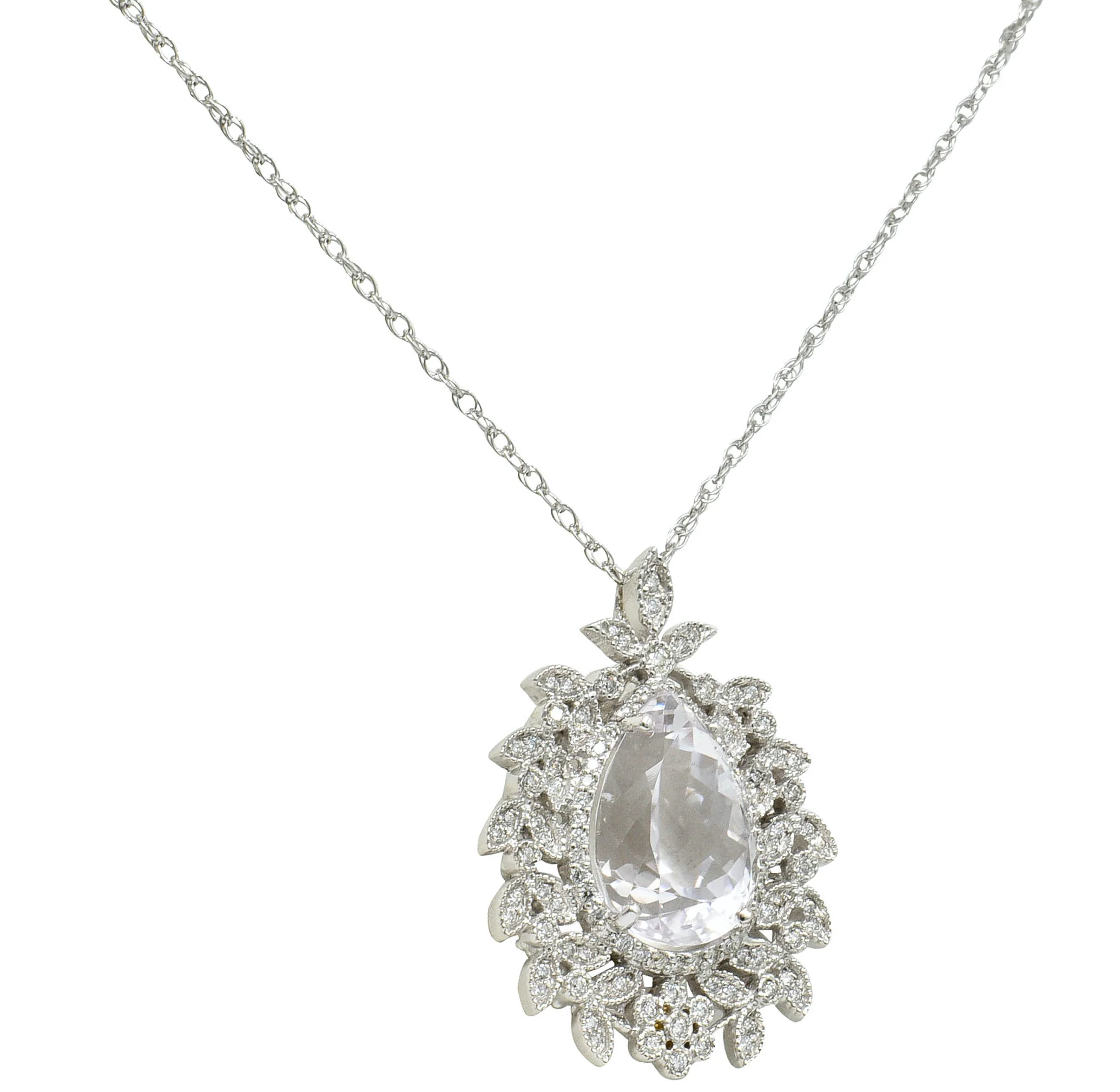Large Kunzite Diamond 18 Karat White Gold Foliate Cluster Pendant Necklace - Image 3