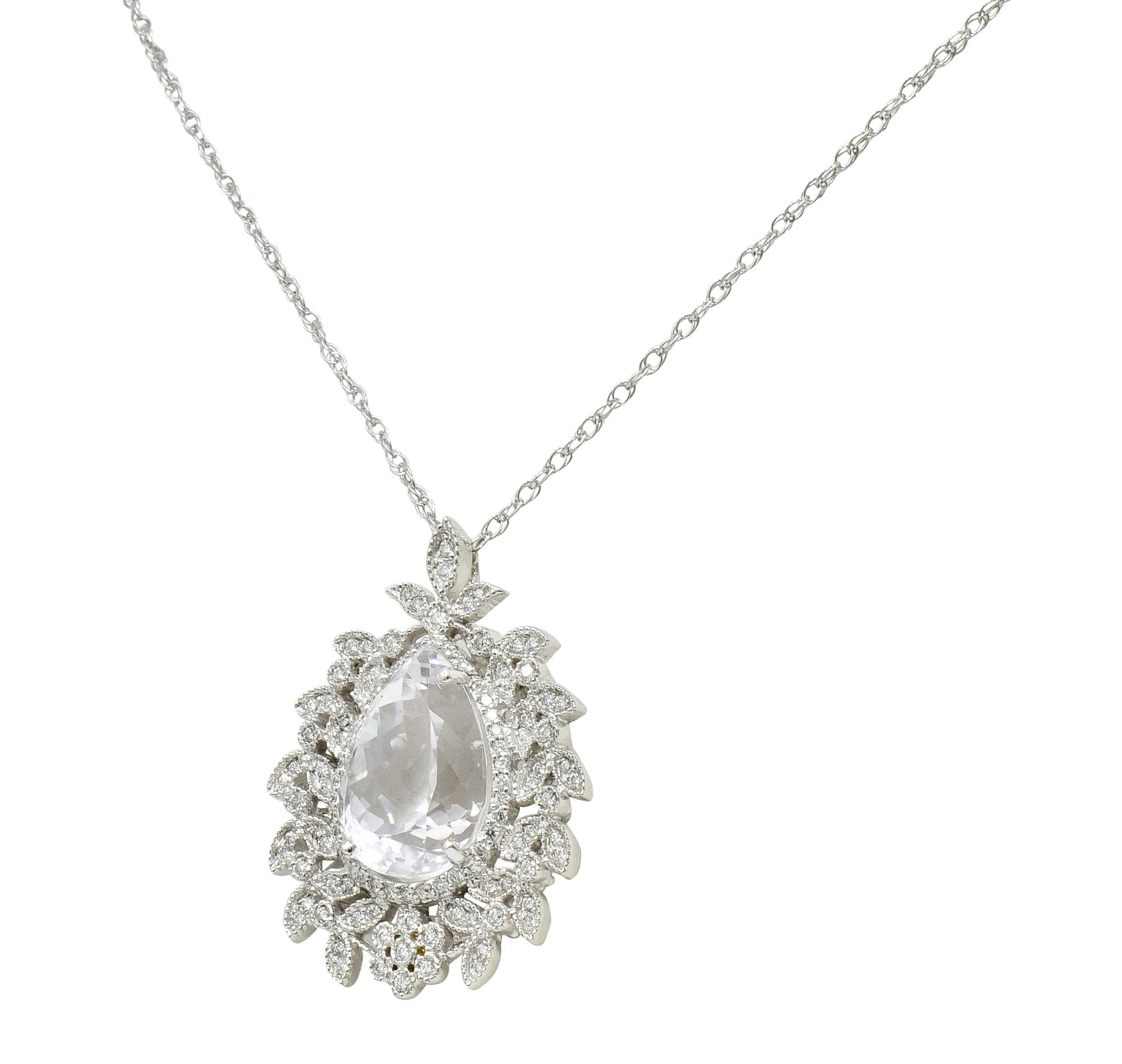 Large Kunzite Diamond 18 Karat White Gold Foliate Cluster Pendant Necklace - Image 6