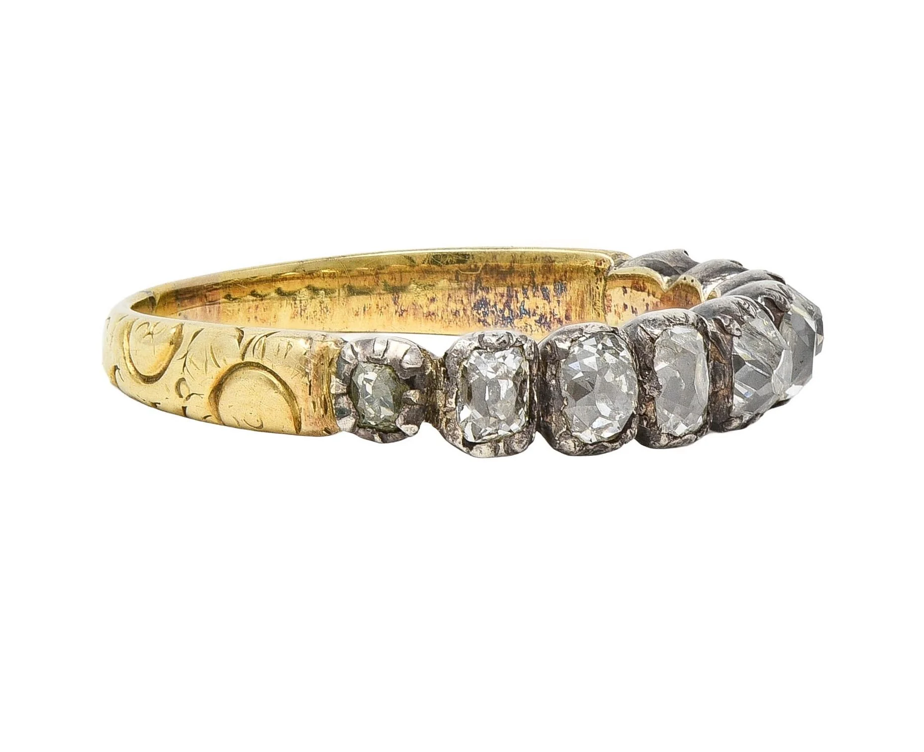 Late Georgian 0.65 CTW Old Mine Cut Diamond Silver-Topped 14 Karat Gold Antique Band Ring - Image 2