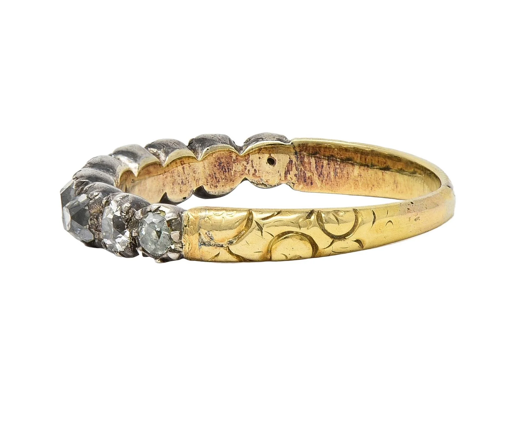 Late Georgian 0.65 CTW Old Mine Cut Diamond Silver-Topped 14 Karat Gold Antique Band Ring - Image 6