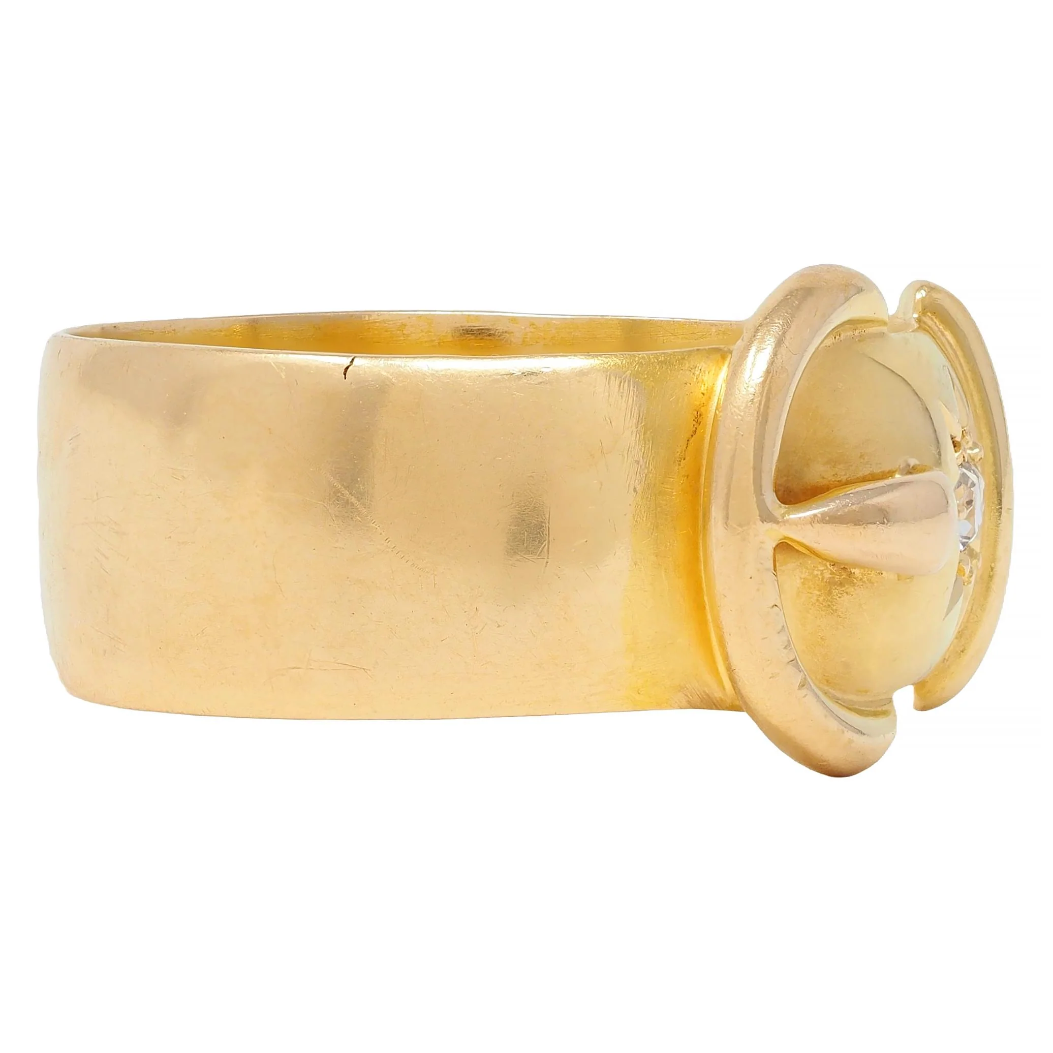 Late Victorian Old Mine Diamond 18 Karat Yellow Gold Antique Buckle Band Ring - Image 2