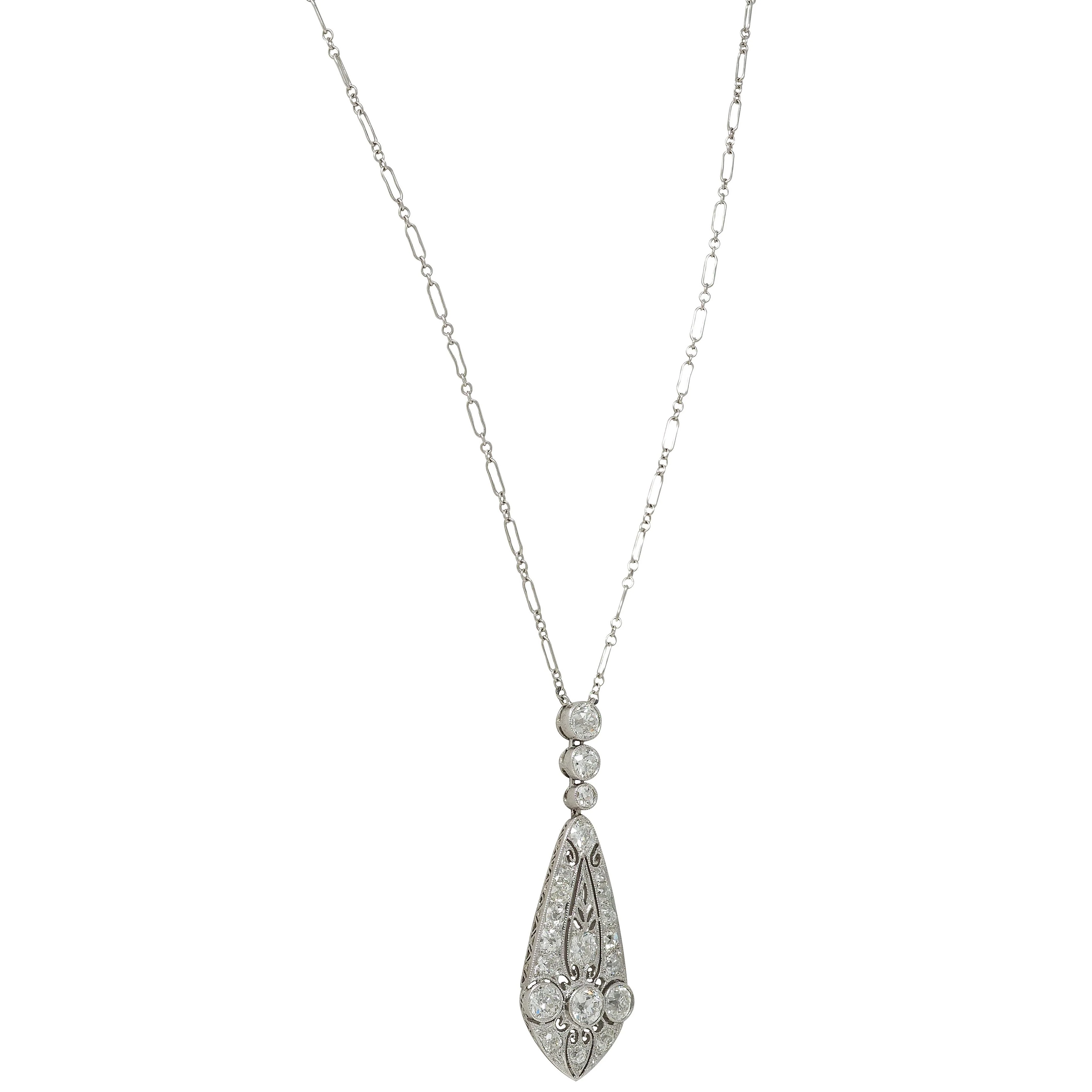 Marcus & Co. Art Deco 3.60 CTW Diamond 20 Karat White Gold Antique Foliate Pendant Station Necklace - Image 4