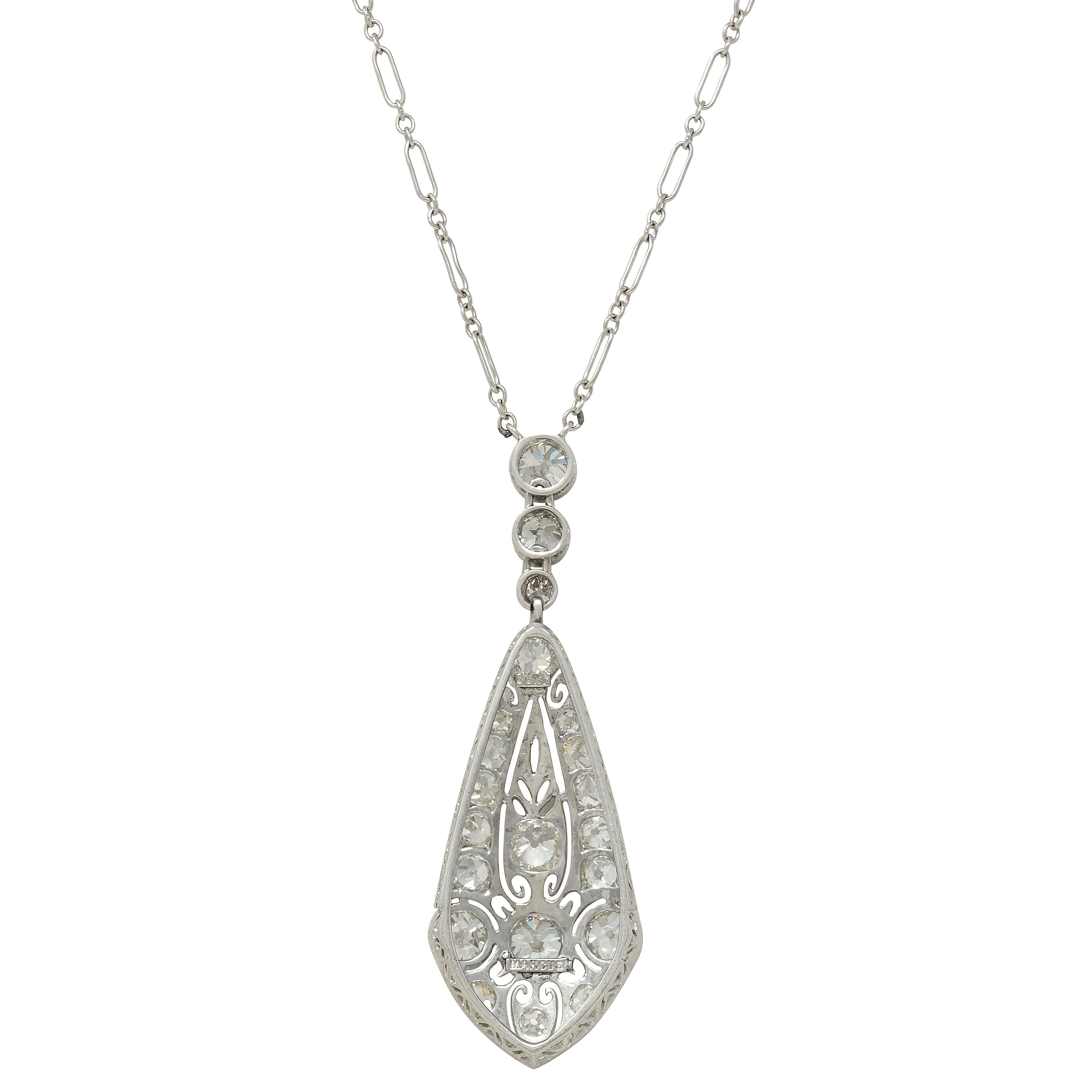 Marcus & Co. Art Deco 3.60 CTW Diamond 20 Karat White Gold Antique Foliate Pendant Station Necklace - Image 8