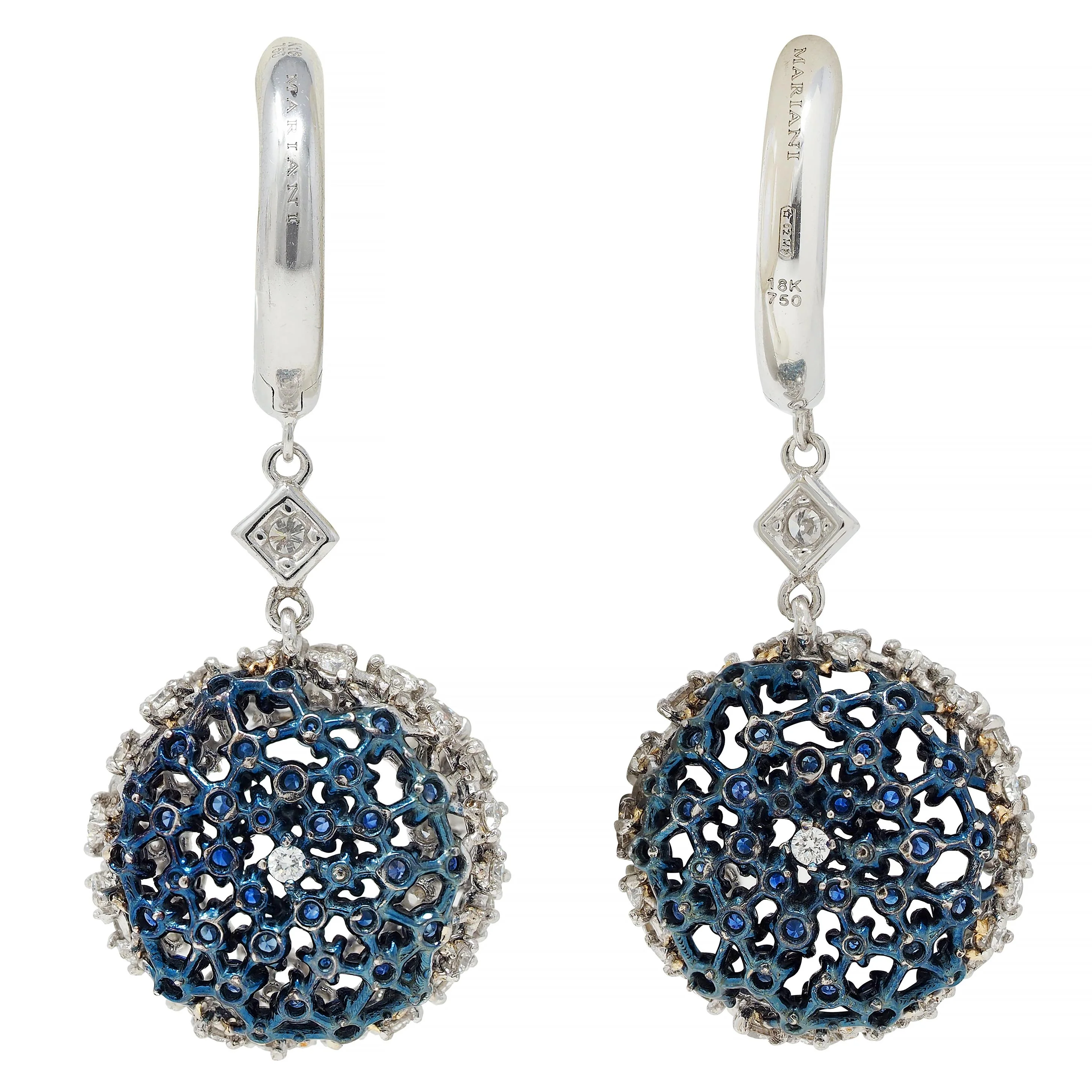 Mariani 3.68 CTW Sapphire Diamond 18 Karat White Gold Blue Rhodium PonPon Drop Earrings - Image 4