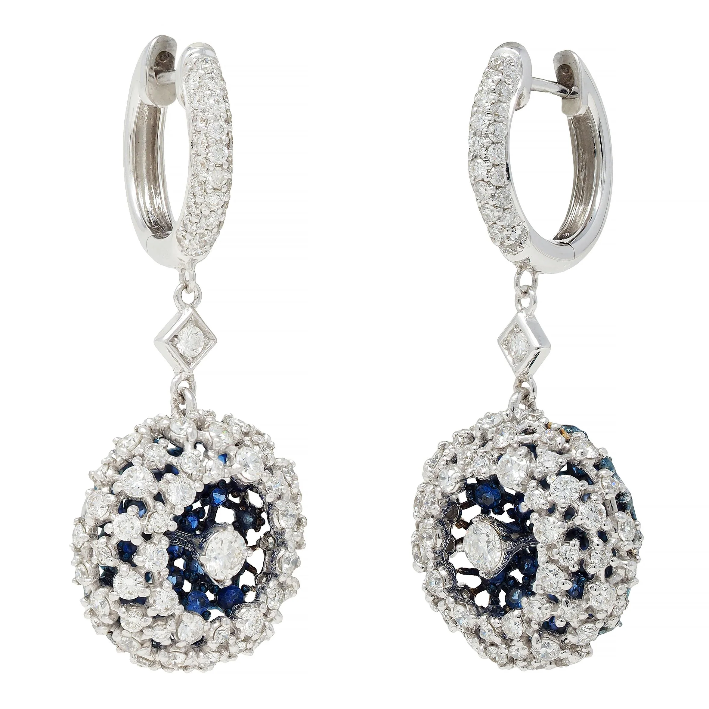 Mariani 3.68 CTW Sapphire Diamond 18 Karat White Gold Blue Rhodium PonPon Drop Earrings - Image 5