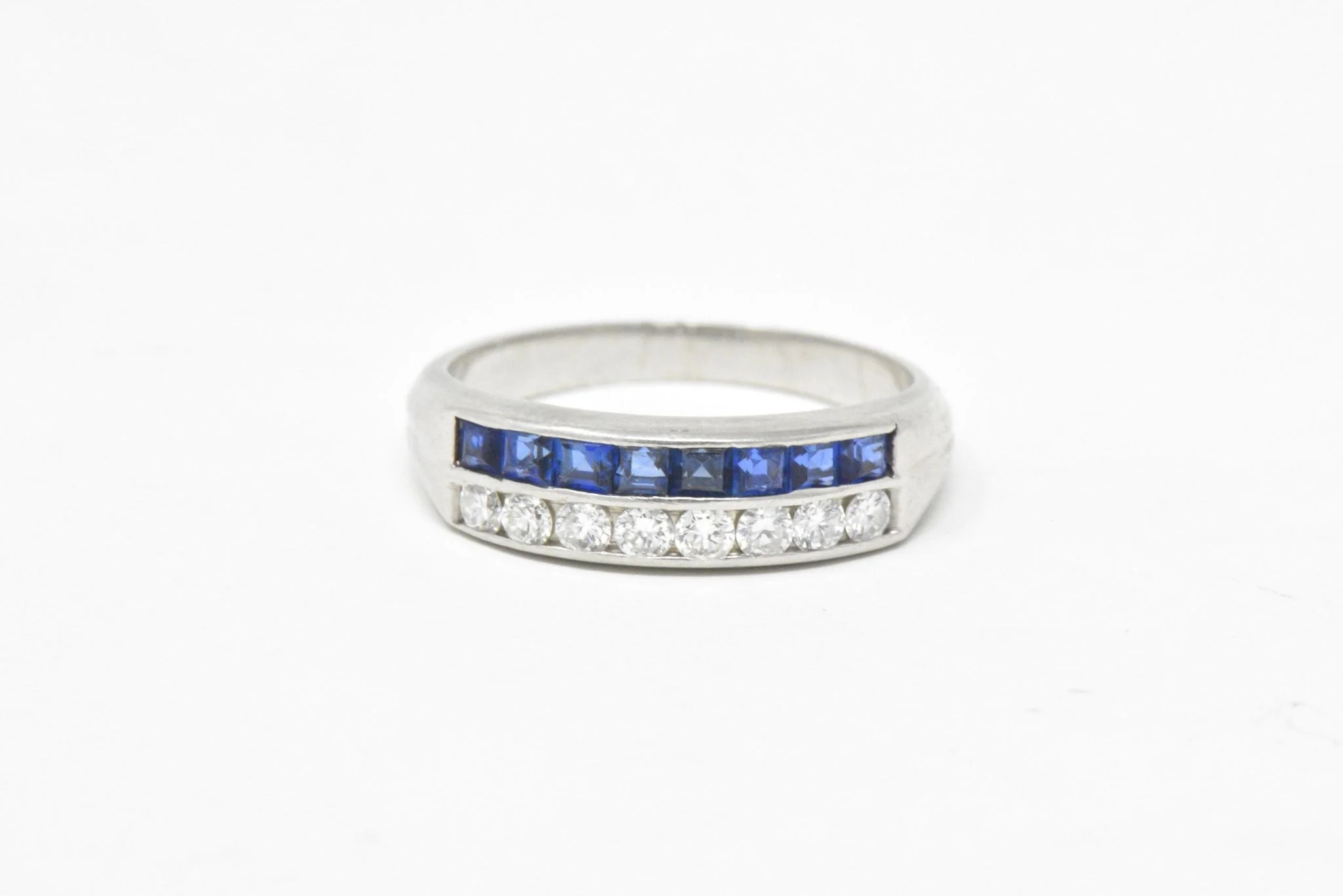 McTeigue & Co. Platinum Diamond & Blue Sapphire Ring Vintage Wedding Band - Image 3