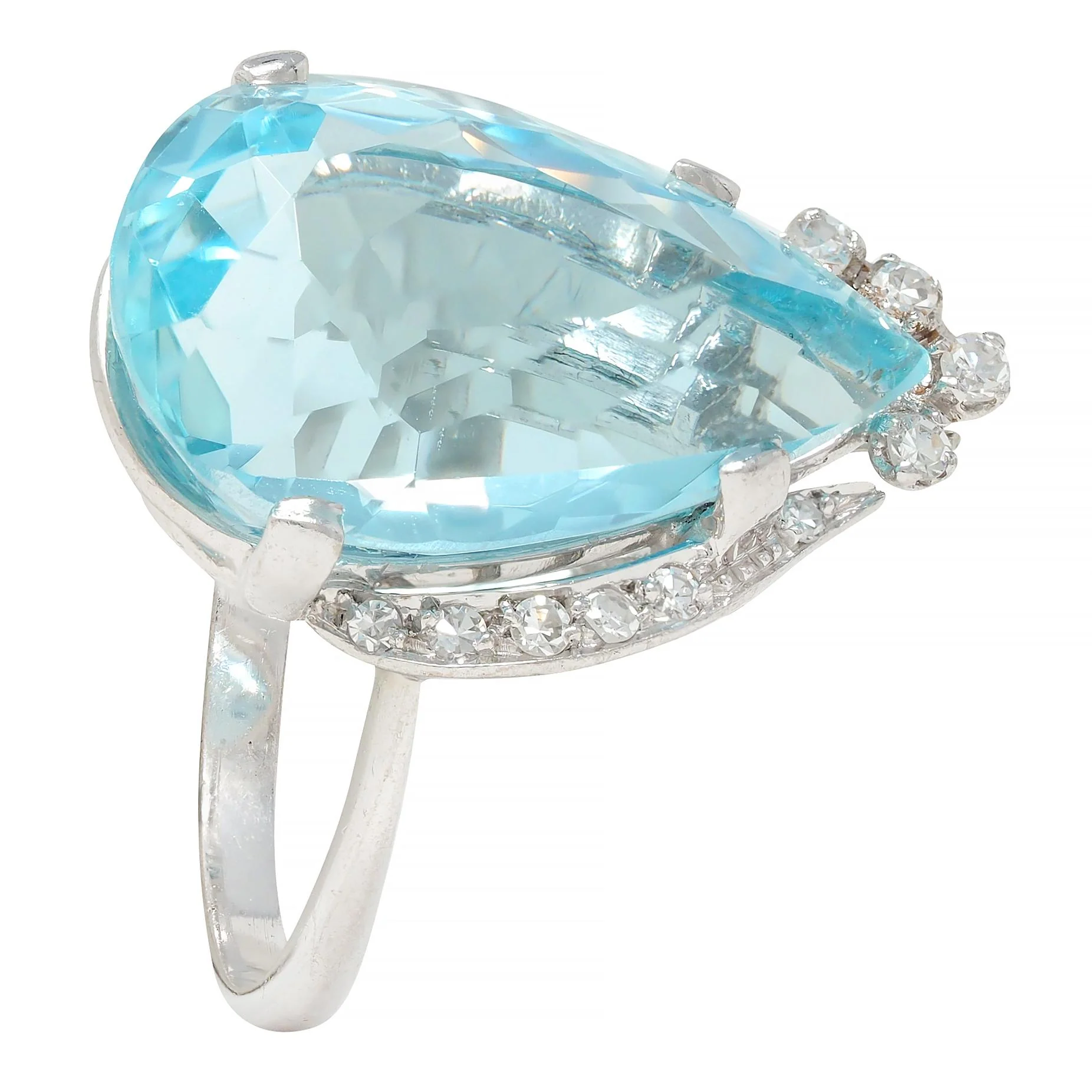 Mid-Century 12.00 CTW Pear Cut Aquamarine Diamond 18 Karat White Gold Vintage Cocktail Ring - Image 10