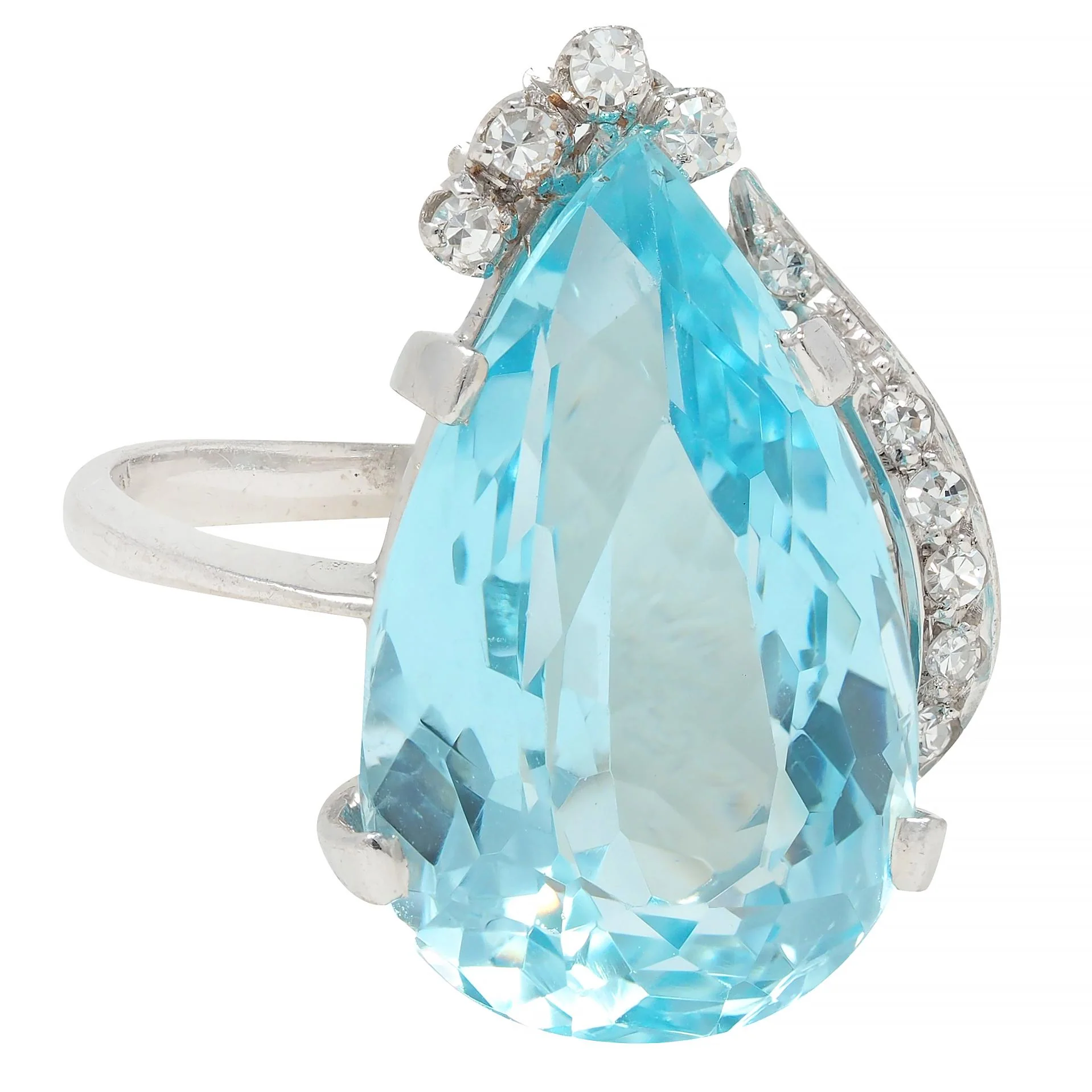 Mid-Century 12.00 CTW Pear Cut Aquamarine Diamond 18 Karat White Gold Vintage Cocktail Ring - Image 2