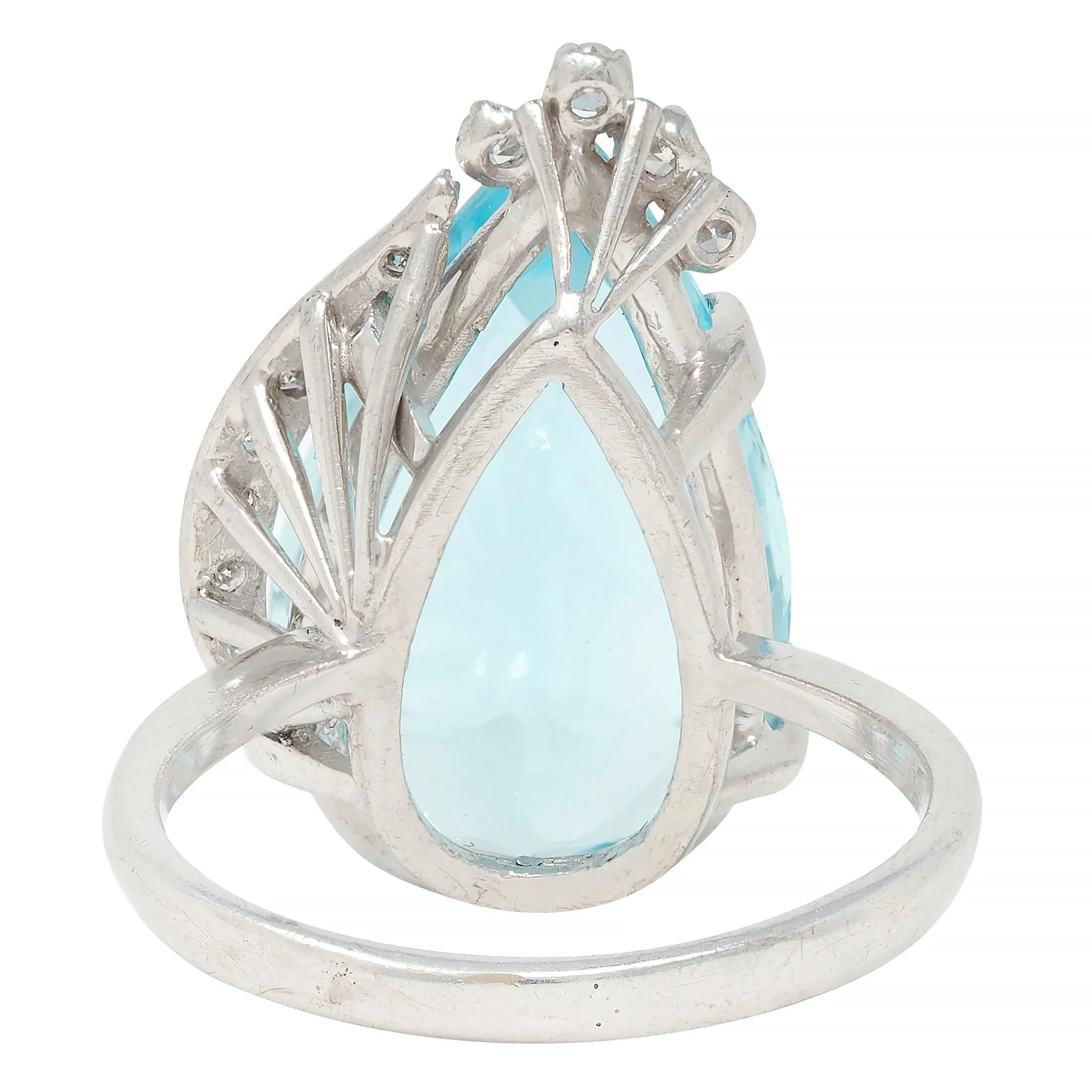 Mid-Century 12.00 CTW Pear Cut Aquamarine Diamond 18 Karat White Gold Vintage Cocktail Ring - Image 4