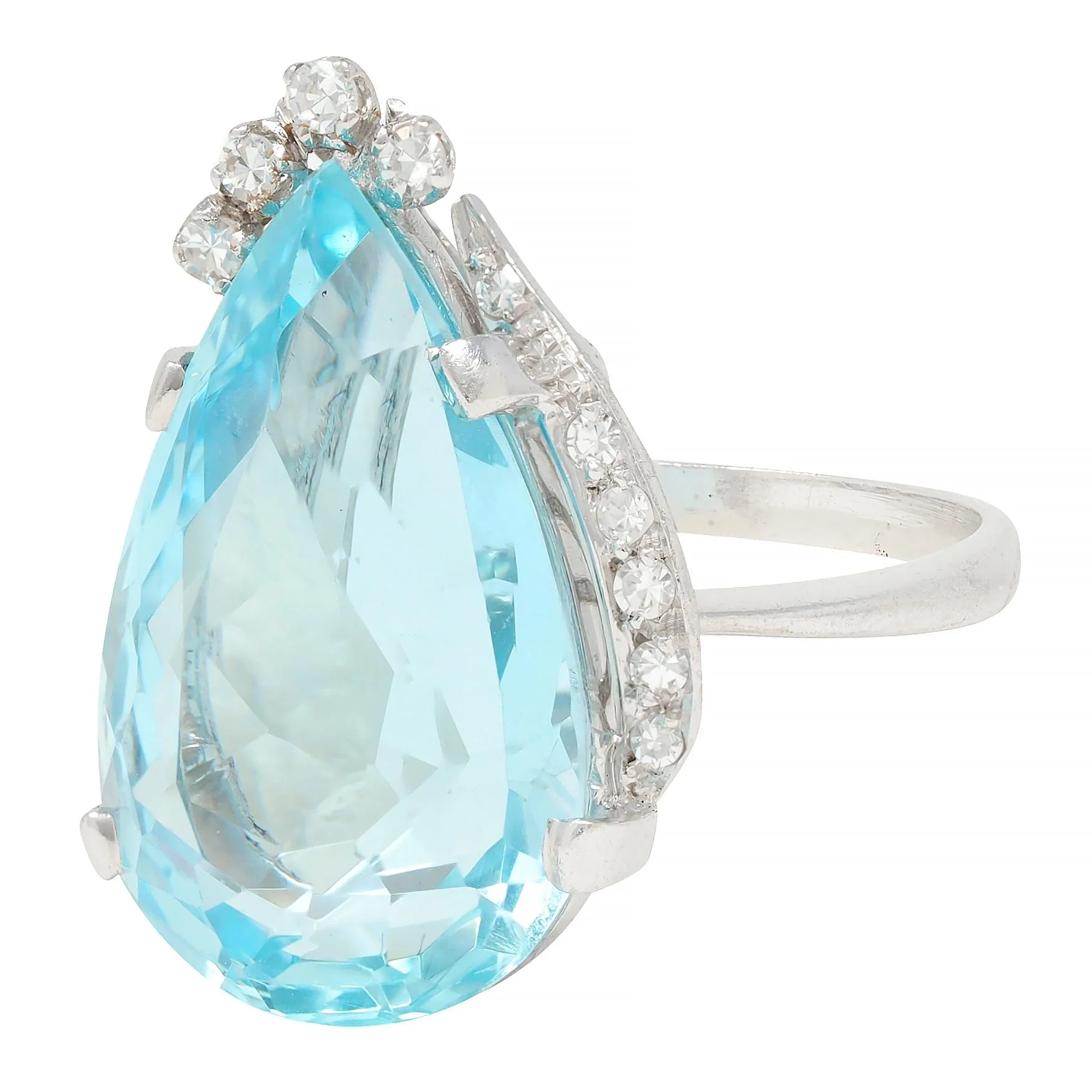Mid-Century 12.00 CTW Pear Cut Aquamarine Diamond 18 Karat White Gold Vintage Cocktail Ring - Image 6